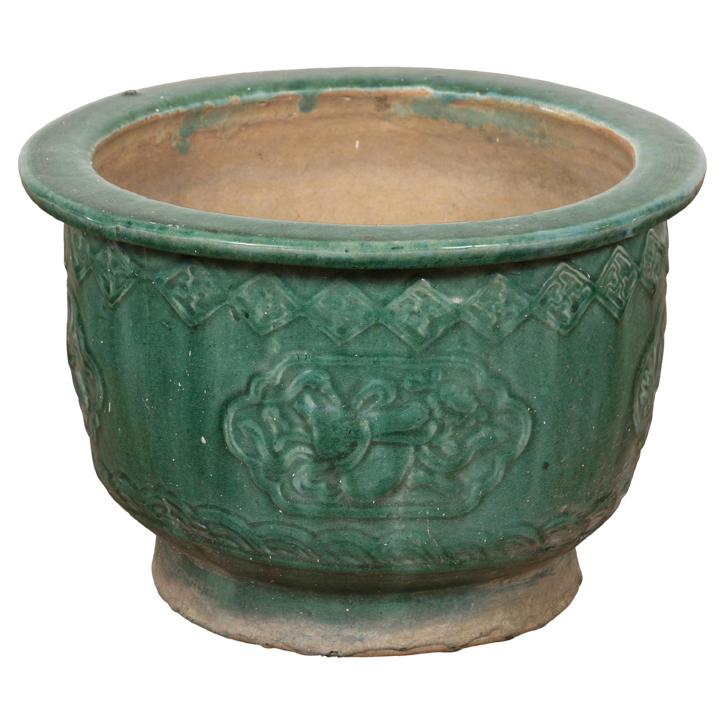 Small Chinese Qing Dynasty Hunan Style Green Glazed Planter with Cartouches