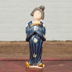 Small Statue of a Court Lady Wearing Blue Kimono and Holding a Baby