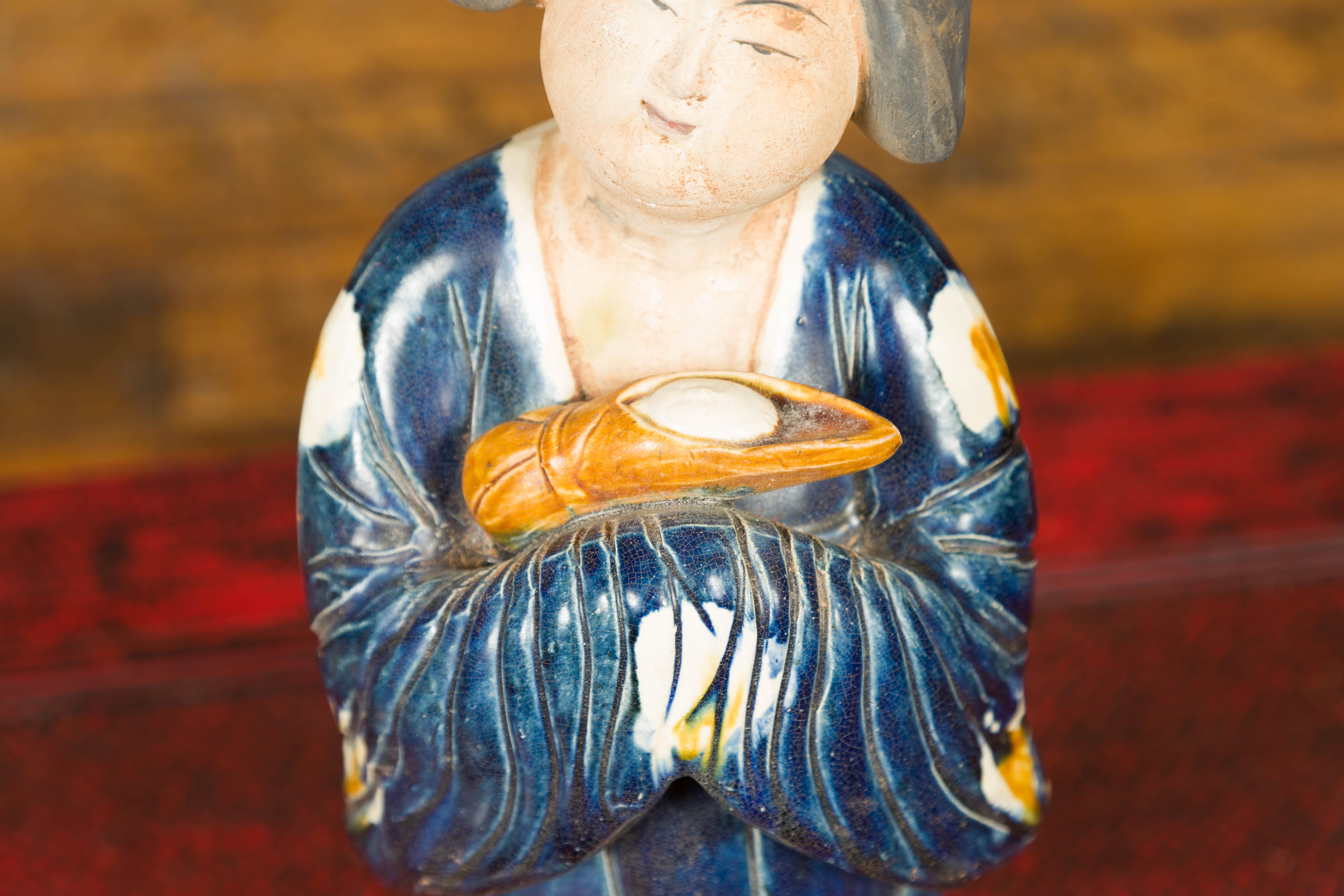 Ceramic Small Chinese Statue of a Court Lady Wearing Blue Kimono and Holding a Baby For Sale
