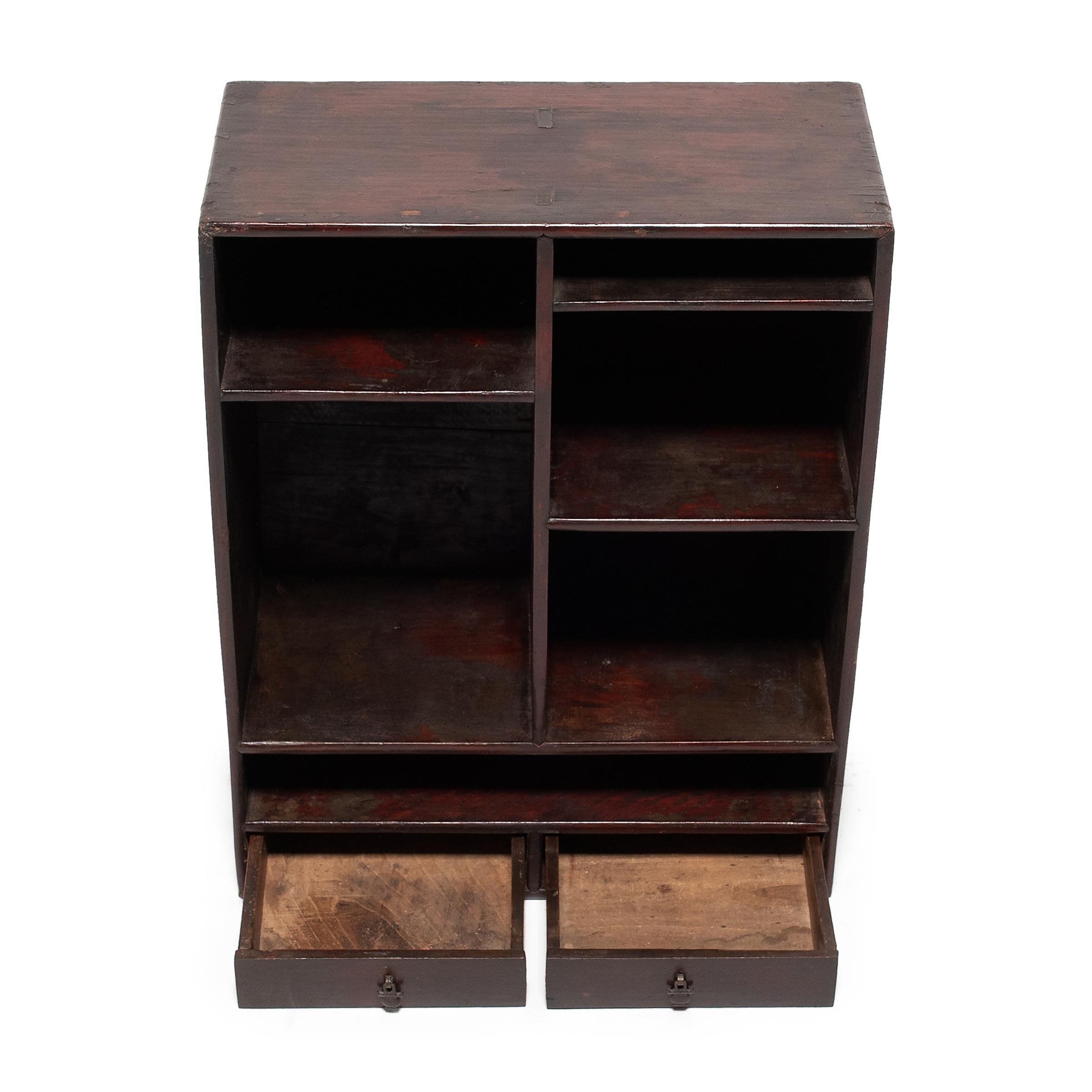 Wood Small Chinese Two Drawer Collector's Shelf