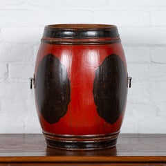 Small Vintage Wooden Barrel Planter with Red and Black Lacquered Decor
