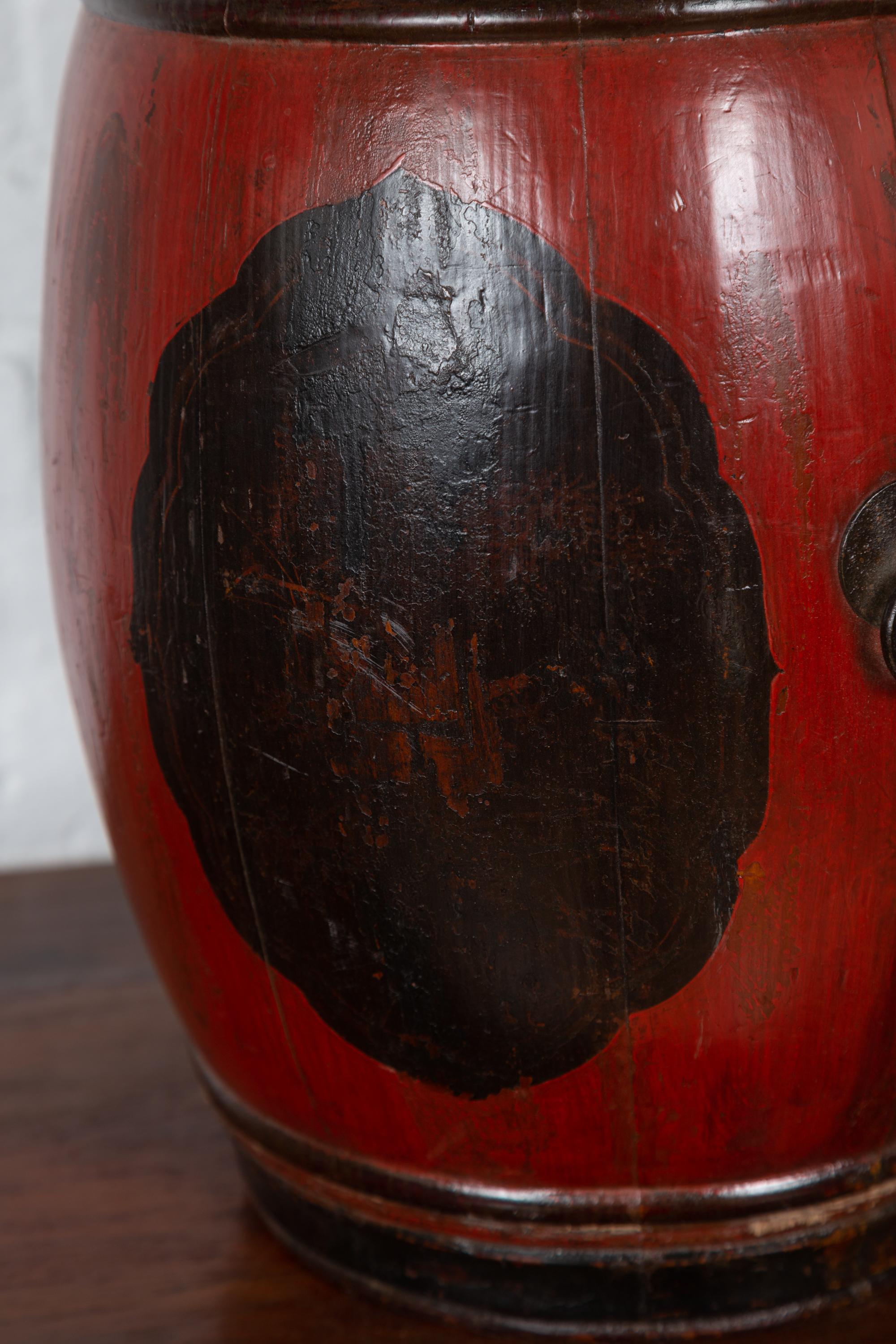 20th Century Small Chinese Vintage Wooden Barrel Planter with Red and Black Lacquered Decor For Sale