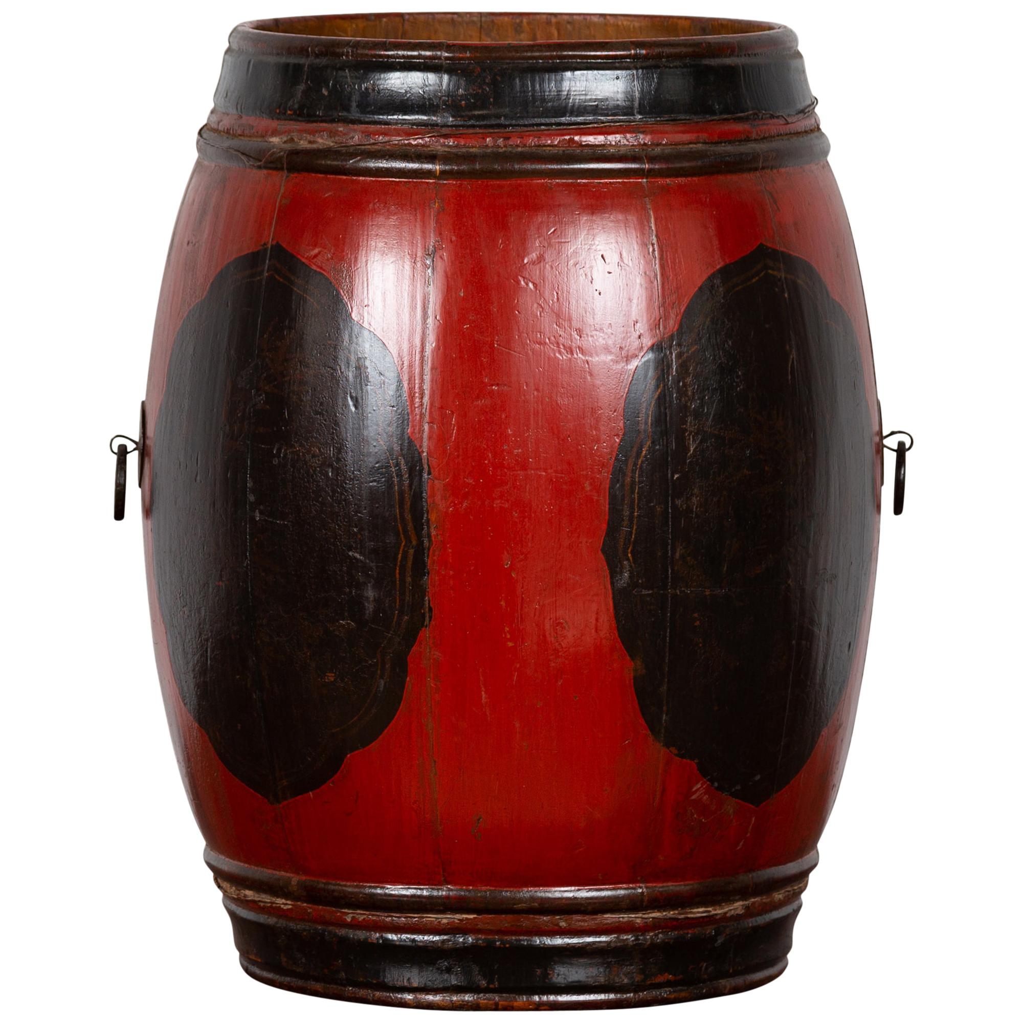 Small Chinese Vintage Wooden Barrel Planter with Red and Black Lacquered Decor For Sale