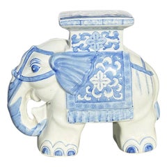 Vintage Small Chinoiserie Blue and White Ceramic Elephant Garden Plant Stand