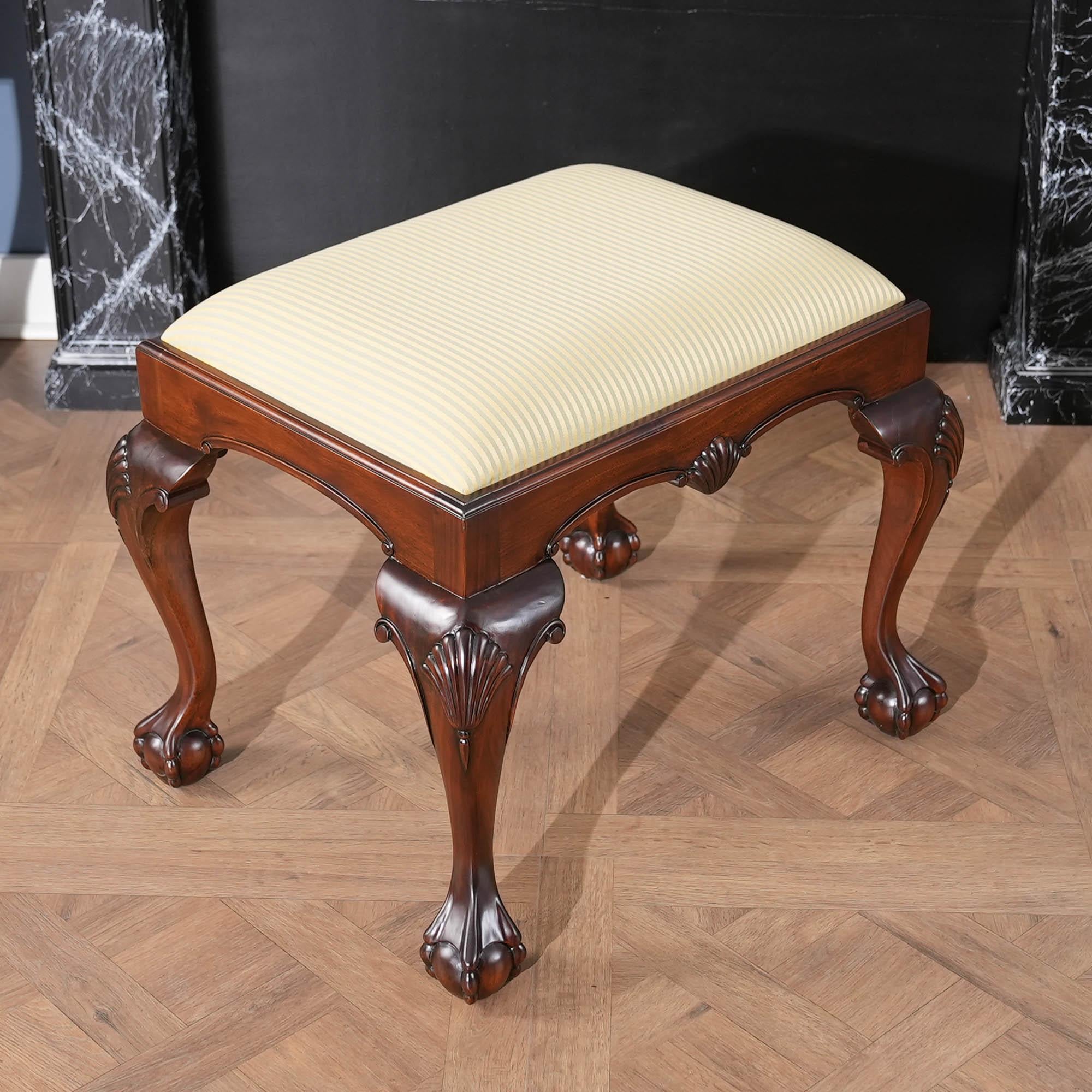 The Small Chippendale Bench is a hand carved,  Chippendale style bench carved from solid, kiln dried, plantation grown, mahogany and features an upholstered slip seat on cabriole legs and ball and claw feet. Beautifully finished with neutral