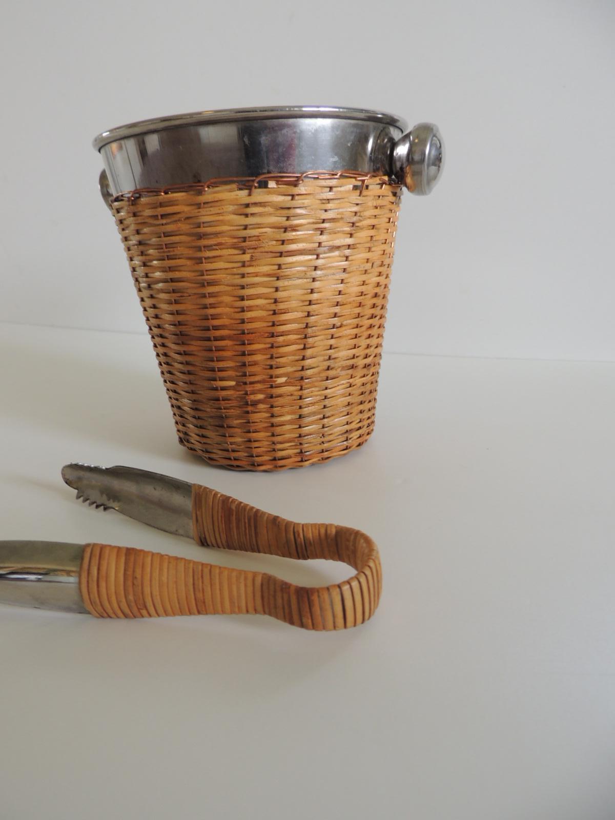 Modern Small Chrome and Rattan Ice Bucket and Ice Thongs