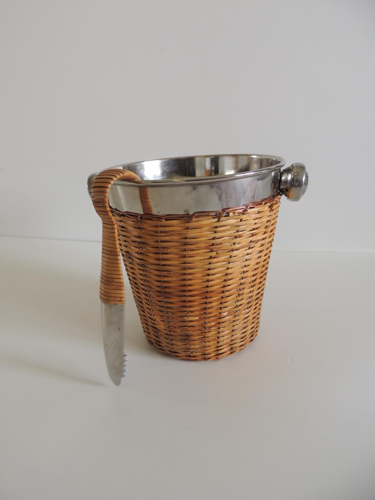 Asian Small Chrome and Rattan Ice Bucket and Ice Thongs