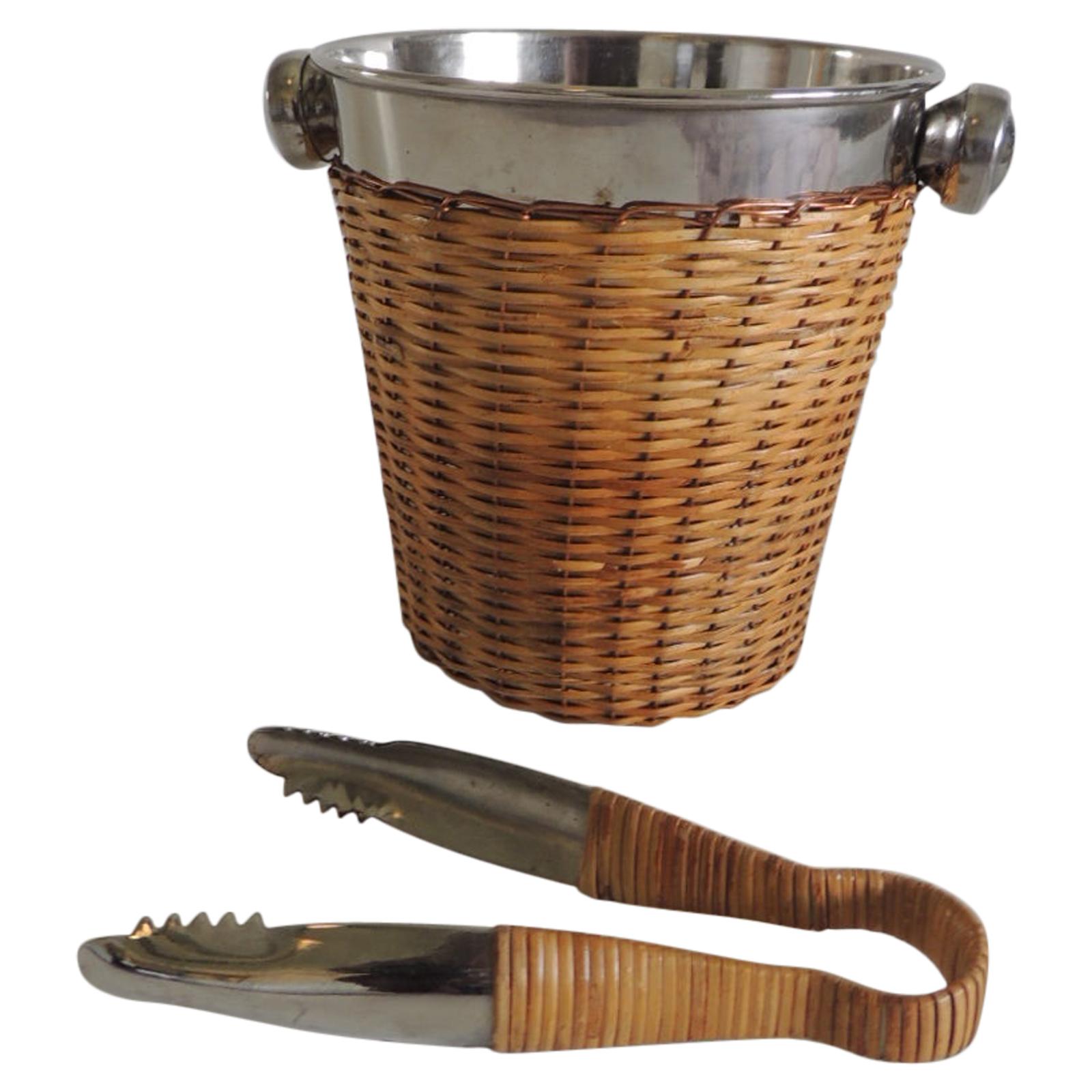 Small Chrome and Rattan Ice Bucket and Ice Thongs