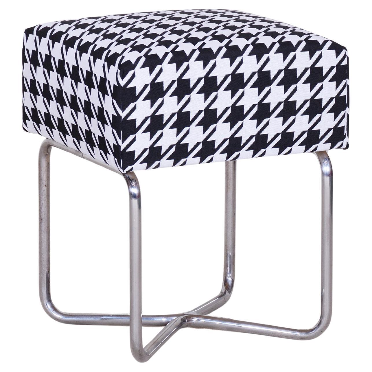 Small Chrome Black & White Stool by SAB, Made in the 1930s, New upholstery
