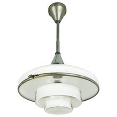 Small Chrome-Plated and Opaline Glass 1930s Pendant Lamp by Otto Müller for Sist
