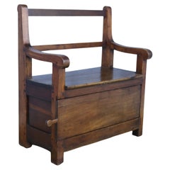 Small Chunky Chestnut Bench, Sliding Storage Door in Front Antique Small Chunky Chestnut Bench, Sliding Storage Door in Front