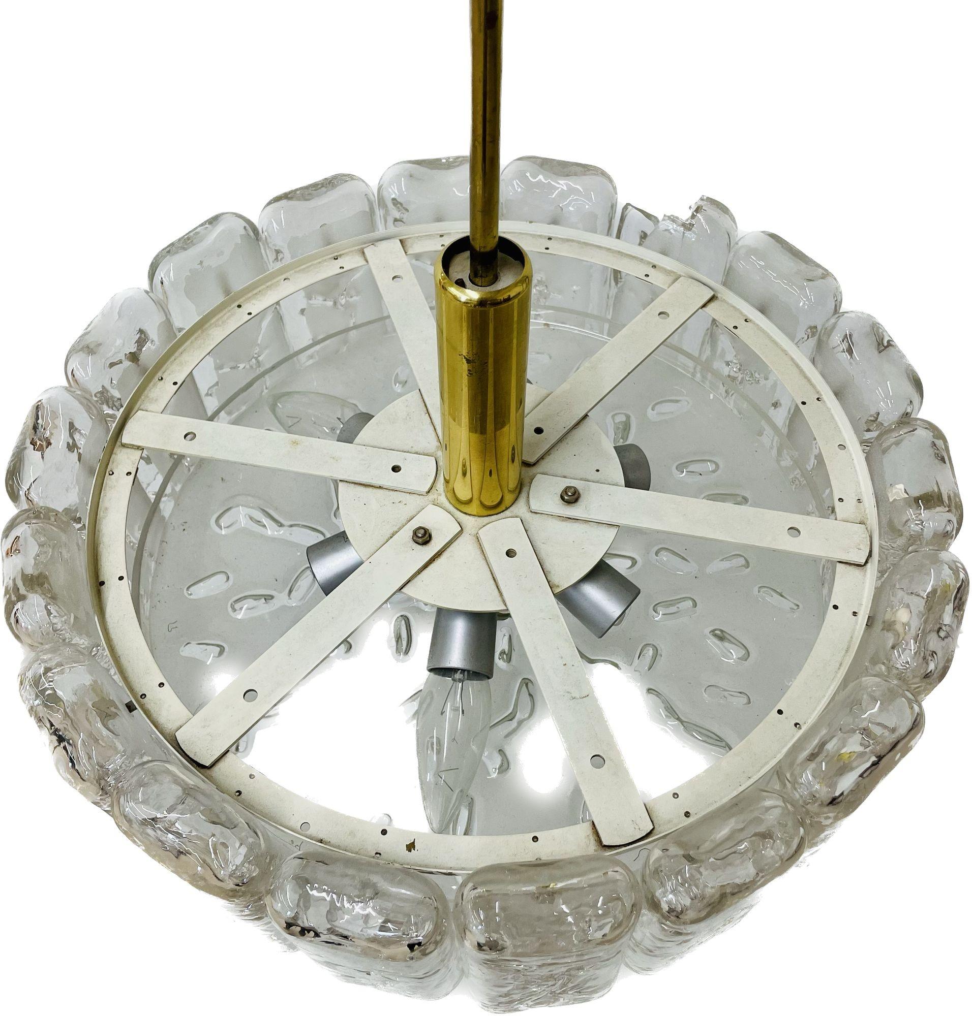 Late 20th Century Small Circular German Mid-Century Modern Ice Glass Chandelier / Pendant, 1970s For Sale
