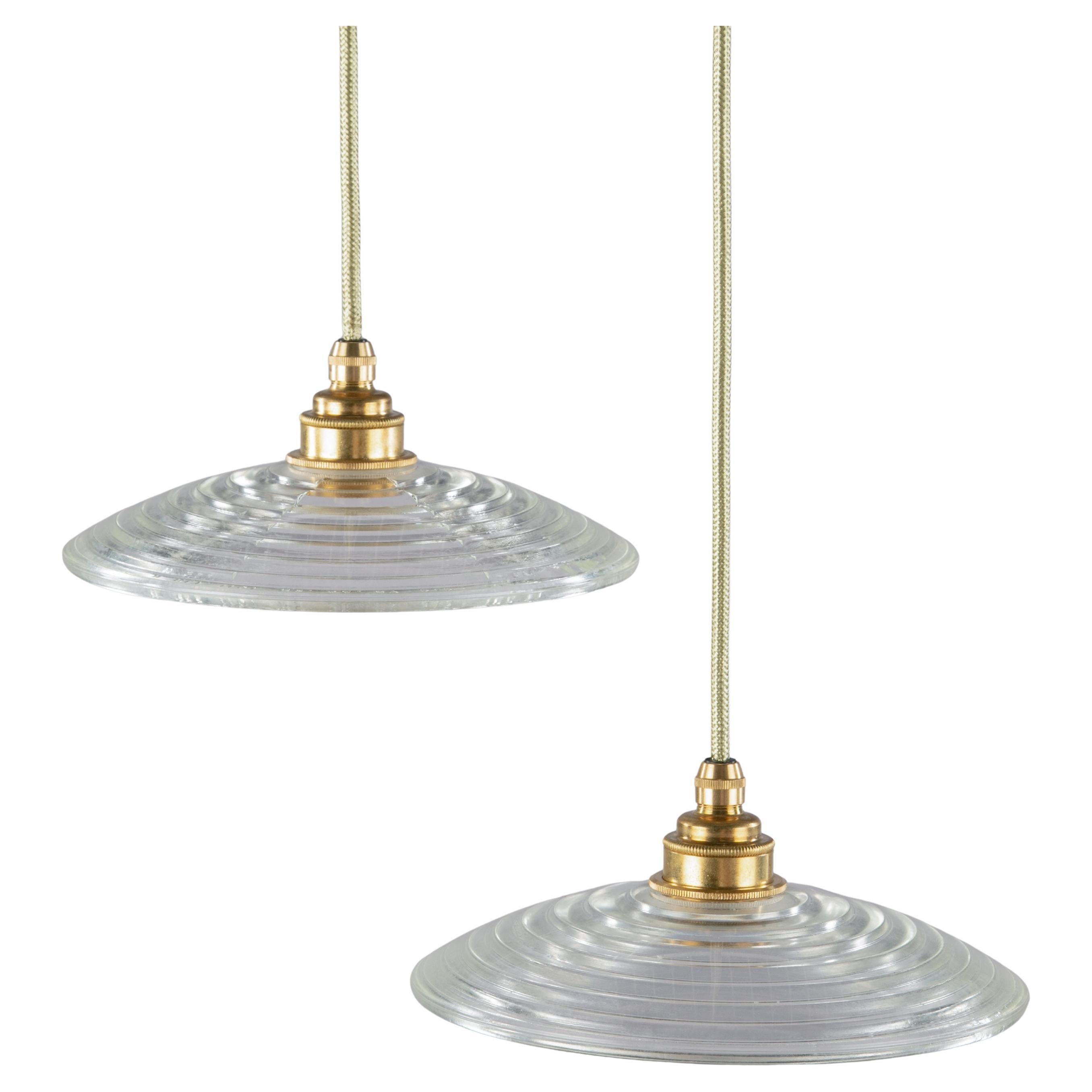 Small Circular Prismatic Glass Pendant Lights with Brass Fittings For Sale