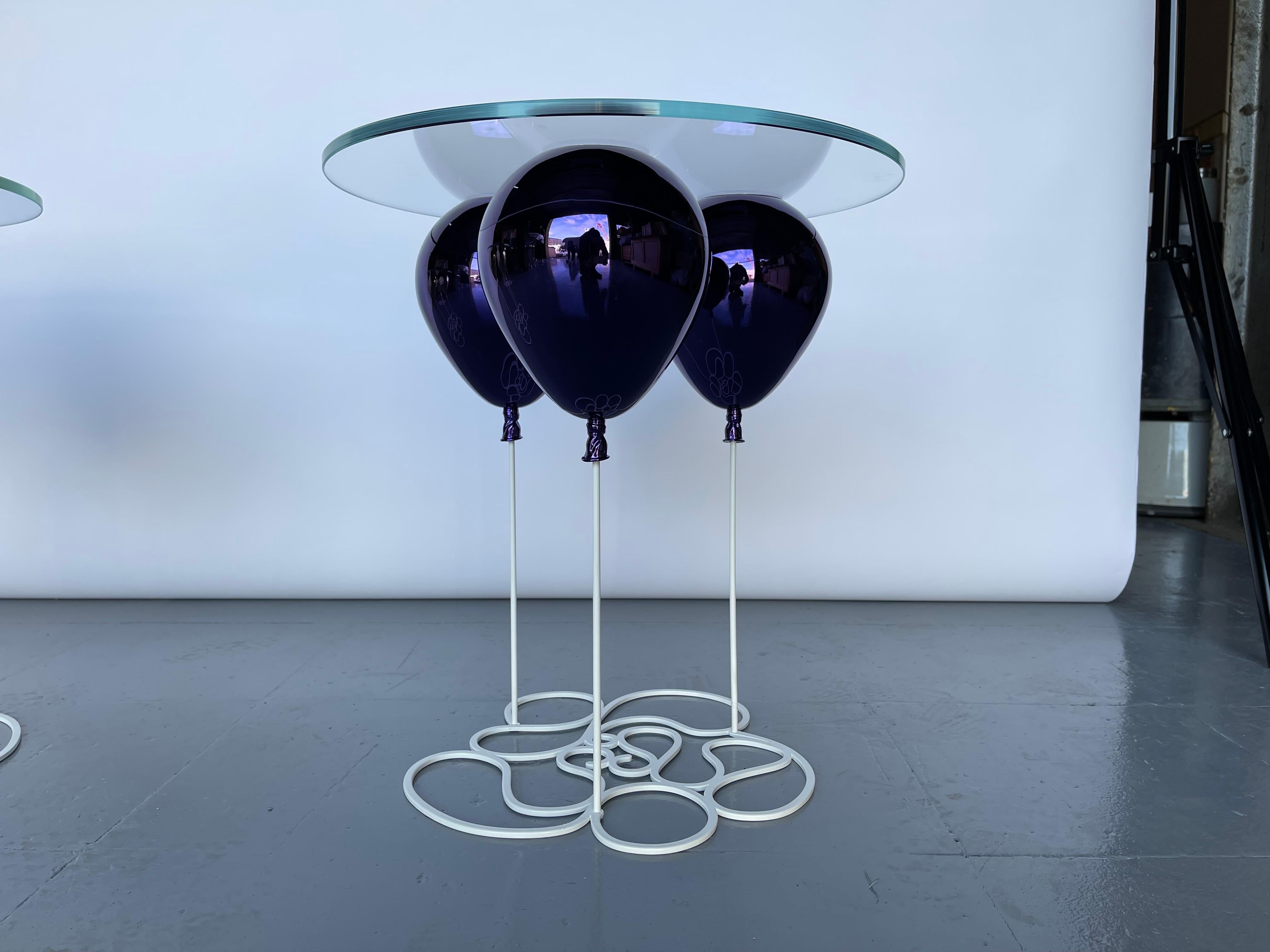 Modern Small, Circular Side Table with Purple Balloon and Glass Table-Top For Sale