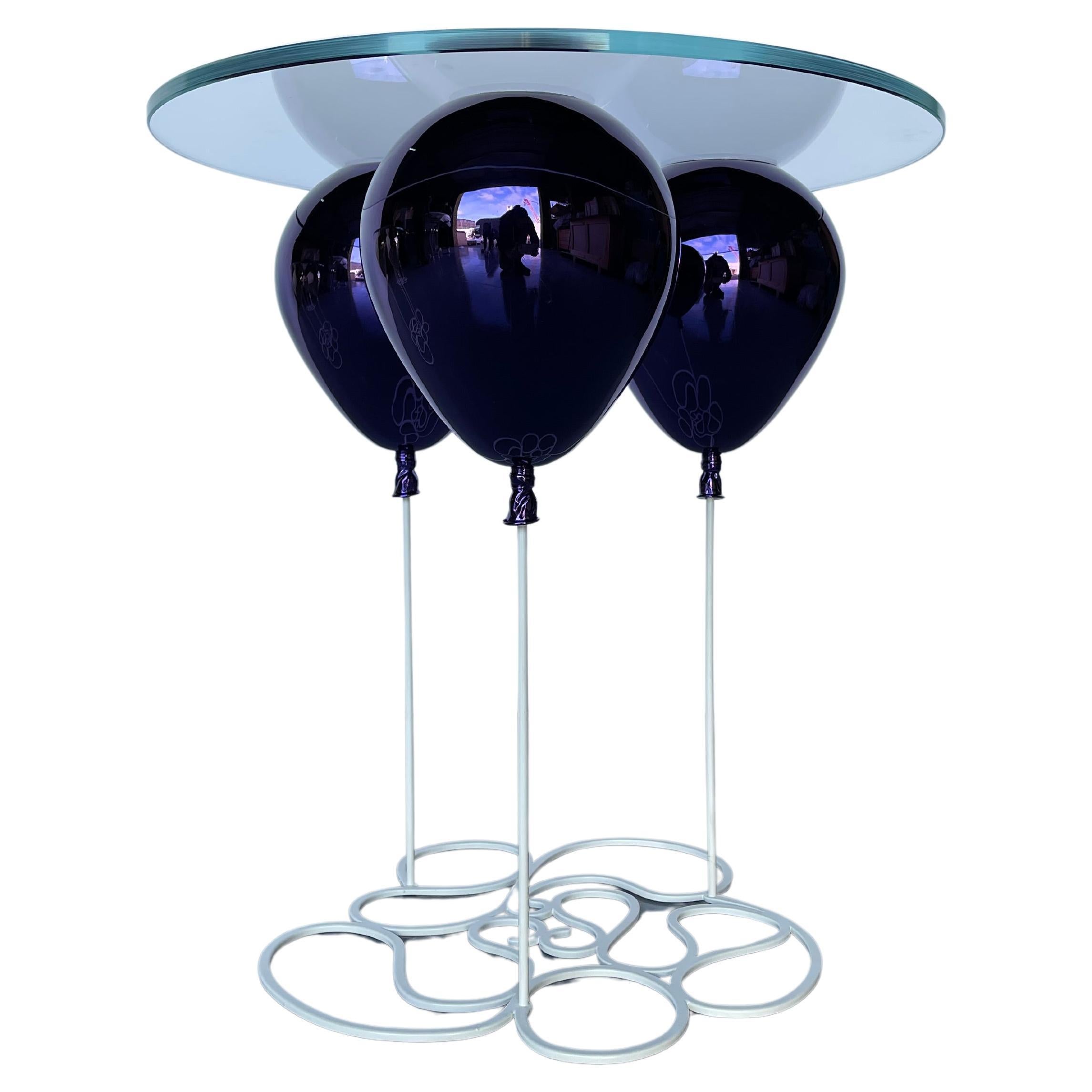 Small, Circular Side Table with Purple Balloon and Glass Table-Top For Sale
