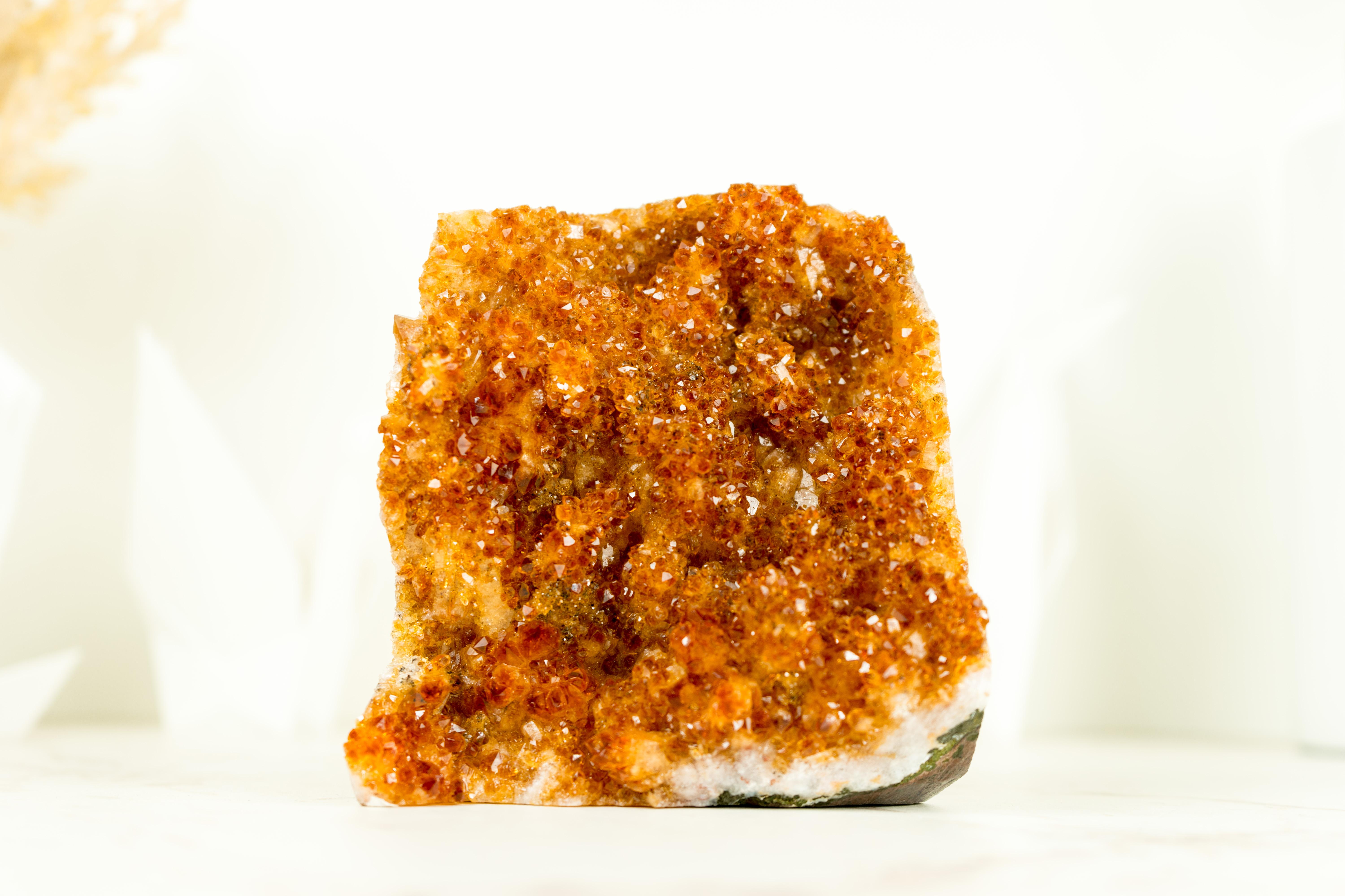 Small Citrine Crystal Cluster with Deep Orange Druzy and Rare Flower Formation In Excellent Condition In Ametista Do Sul, BR