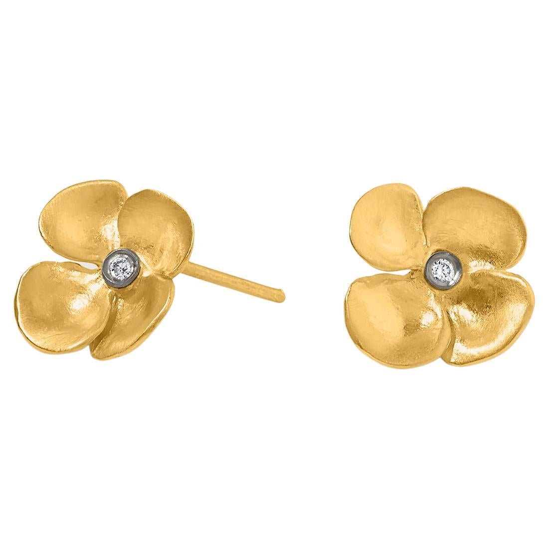 Small Classic Flower Earrings with Diamonds 24 Karat Gold and Silver by Kurtulan For Sale