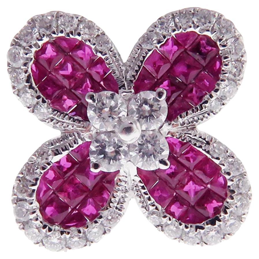 Small Clover Invisible Ruby Earring Ring Set For Sale
