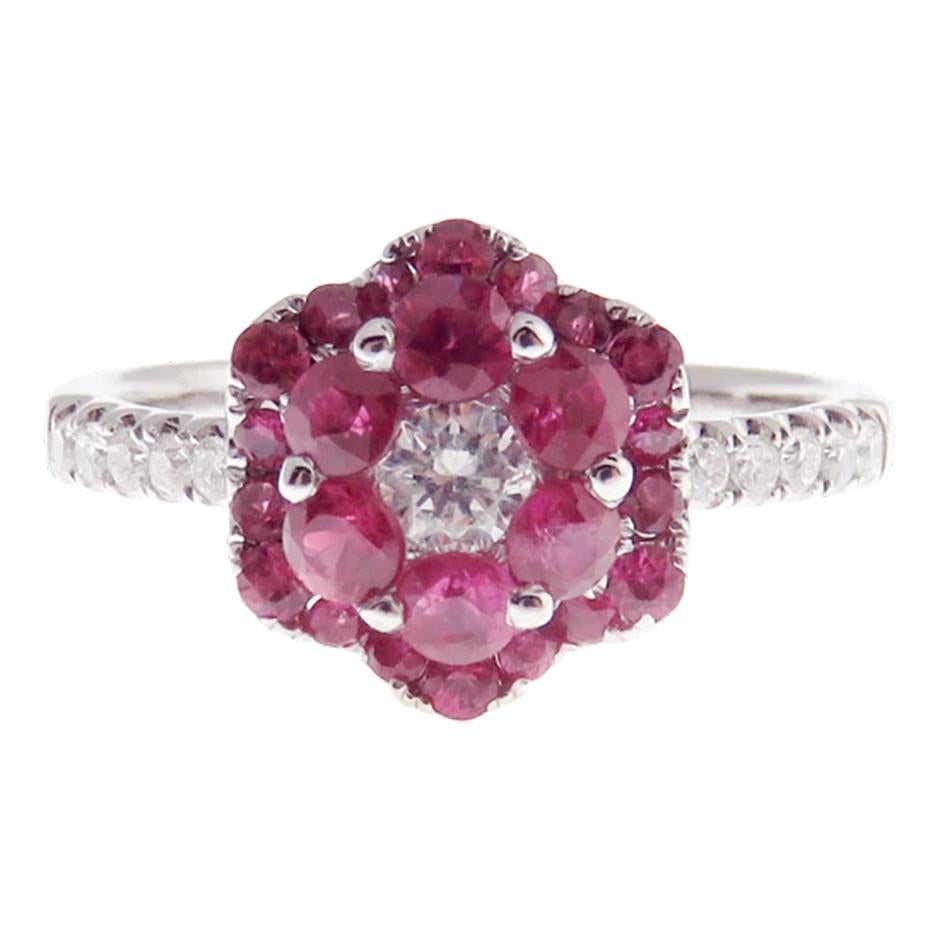 Women's Small Cluster Ruby Flower Earring Ring Set For Sale