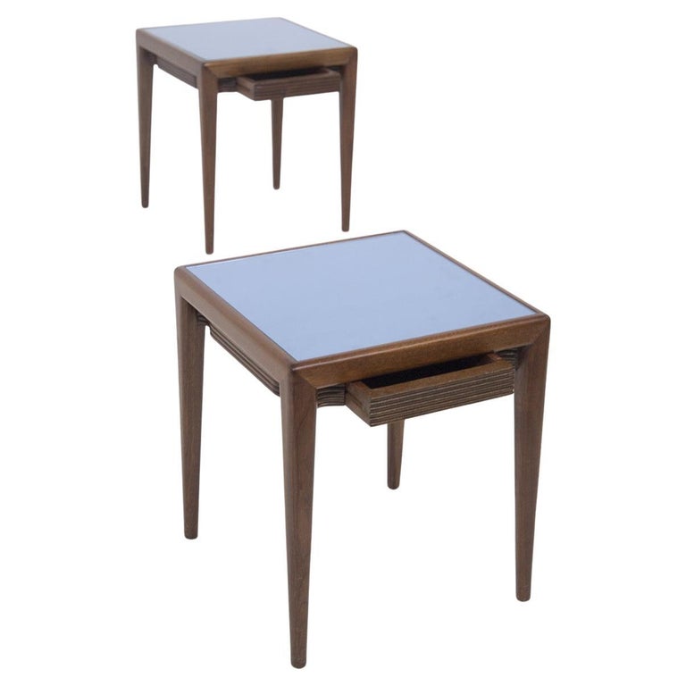 Small Coffee Tables in Wood and Blue Mirror by Osvaldo Borsani at 1stDibs