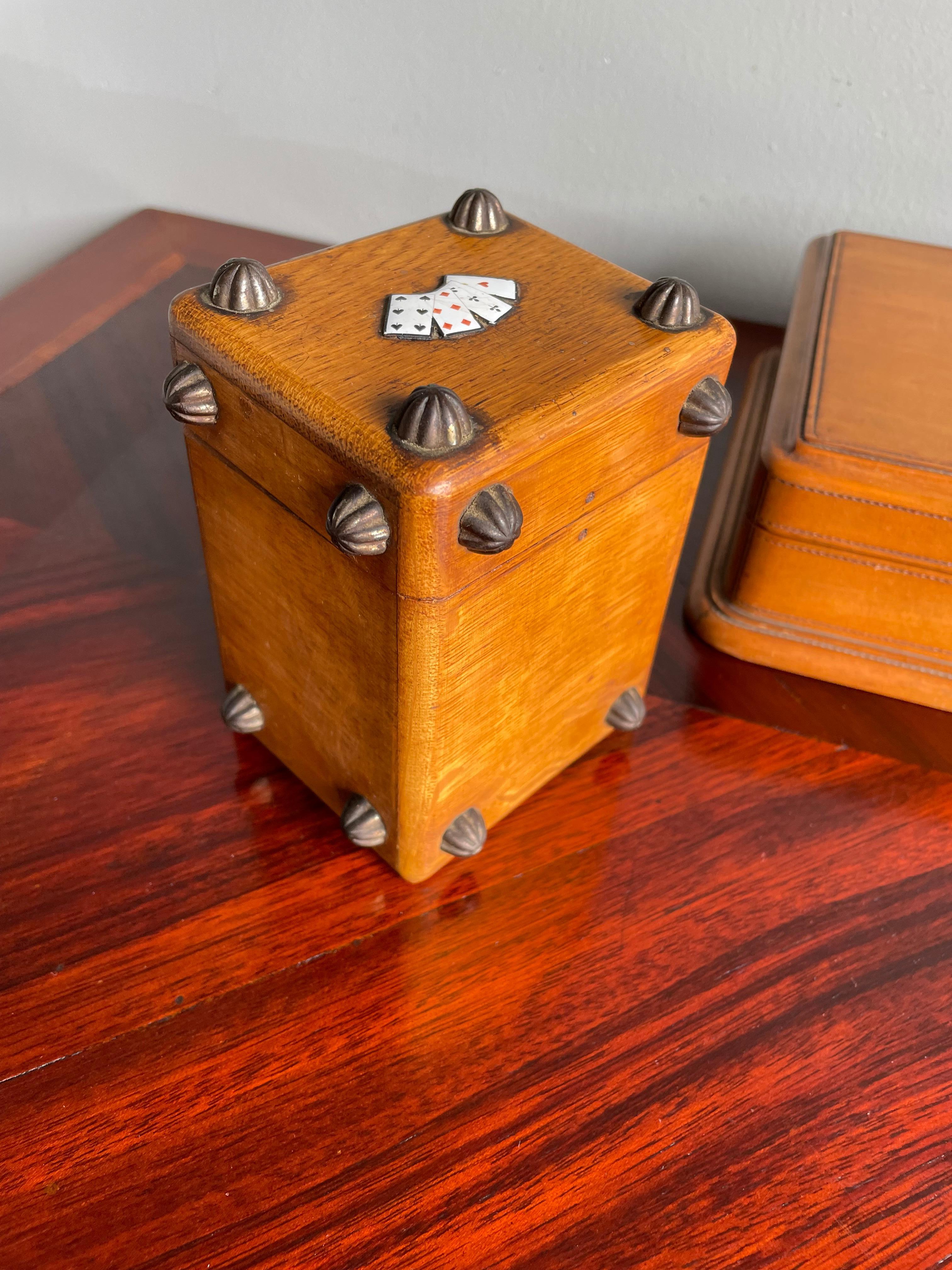 Brass Small Collection of Rare Antique & Enamel Inlaid Wooden Boxes for Playing Cards For Sale