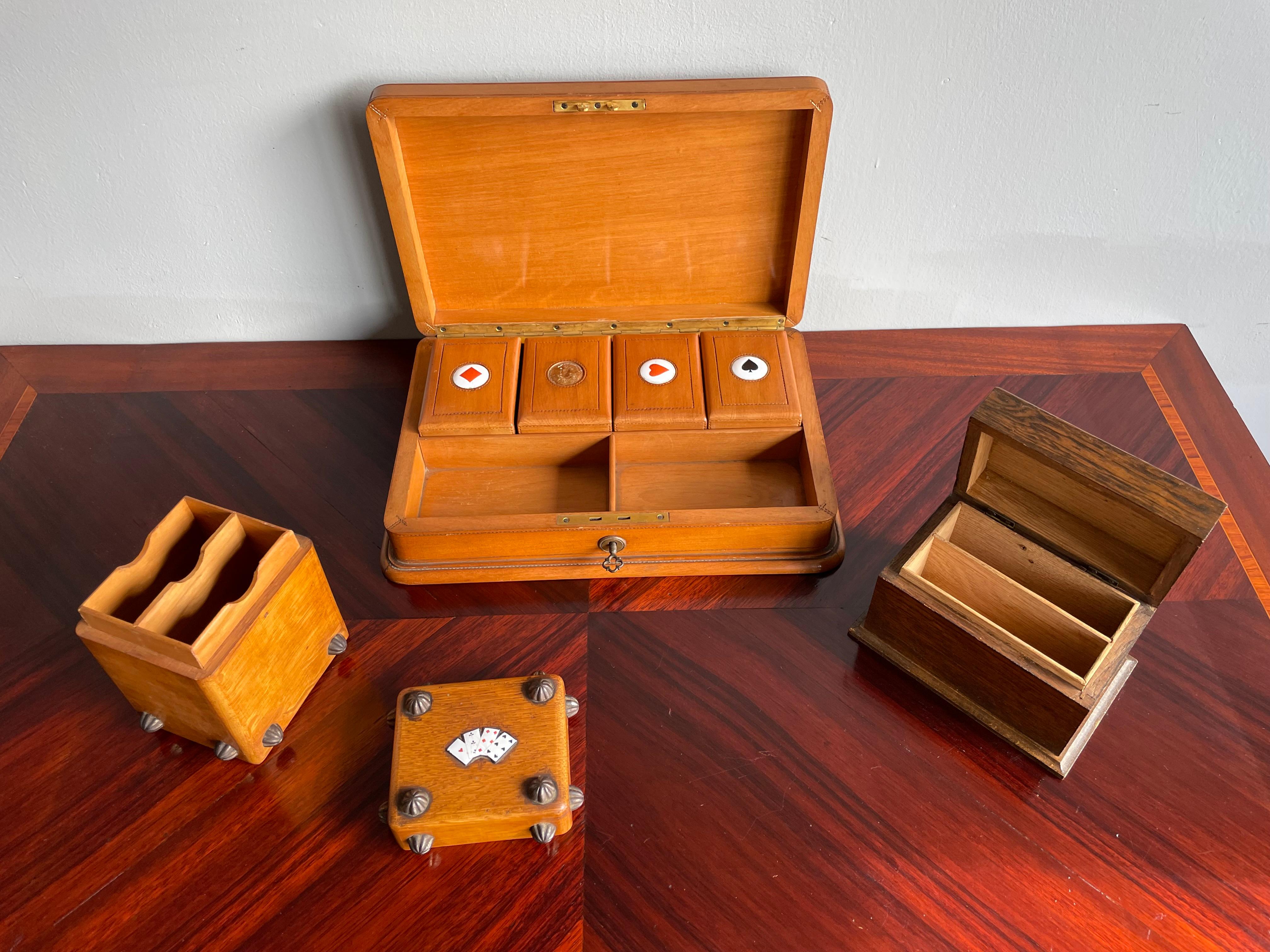 Small Collection of Rare Antique & Enamel Inlaid Wooden Boxes for Playing Cards For Sale 1