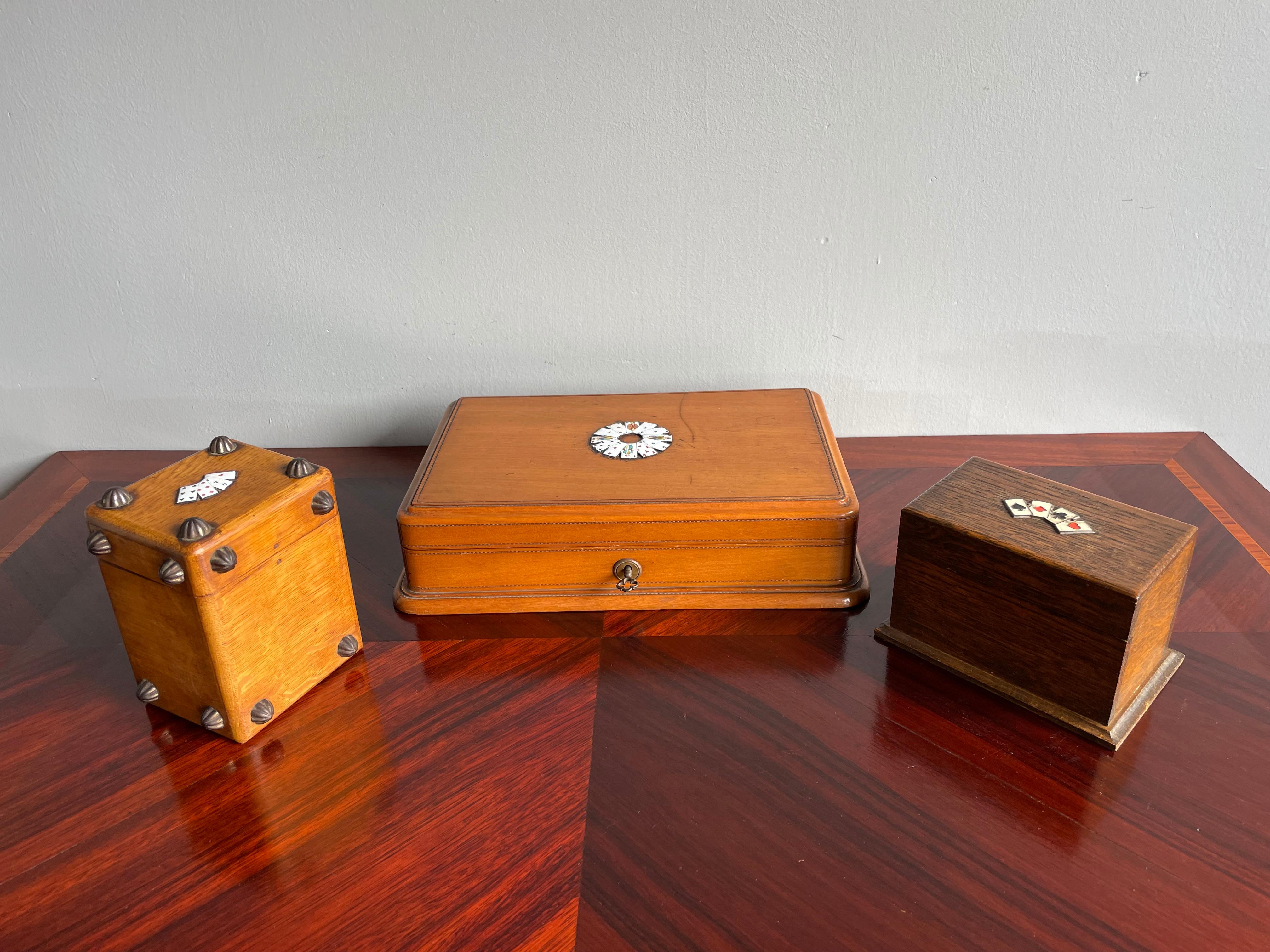 Small Collection of Rare Antique & Enamel Inlaid Wooden Boxes for Playing Cards For Sale 9