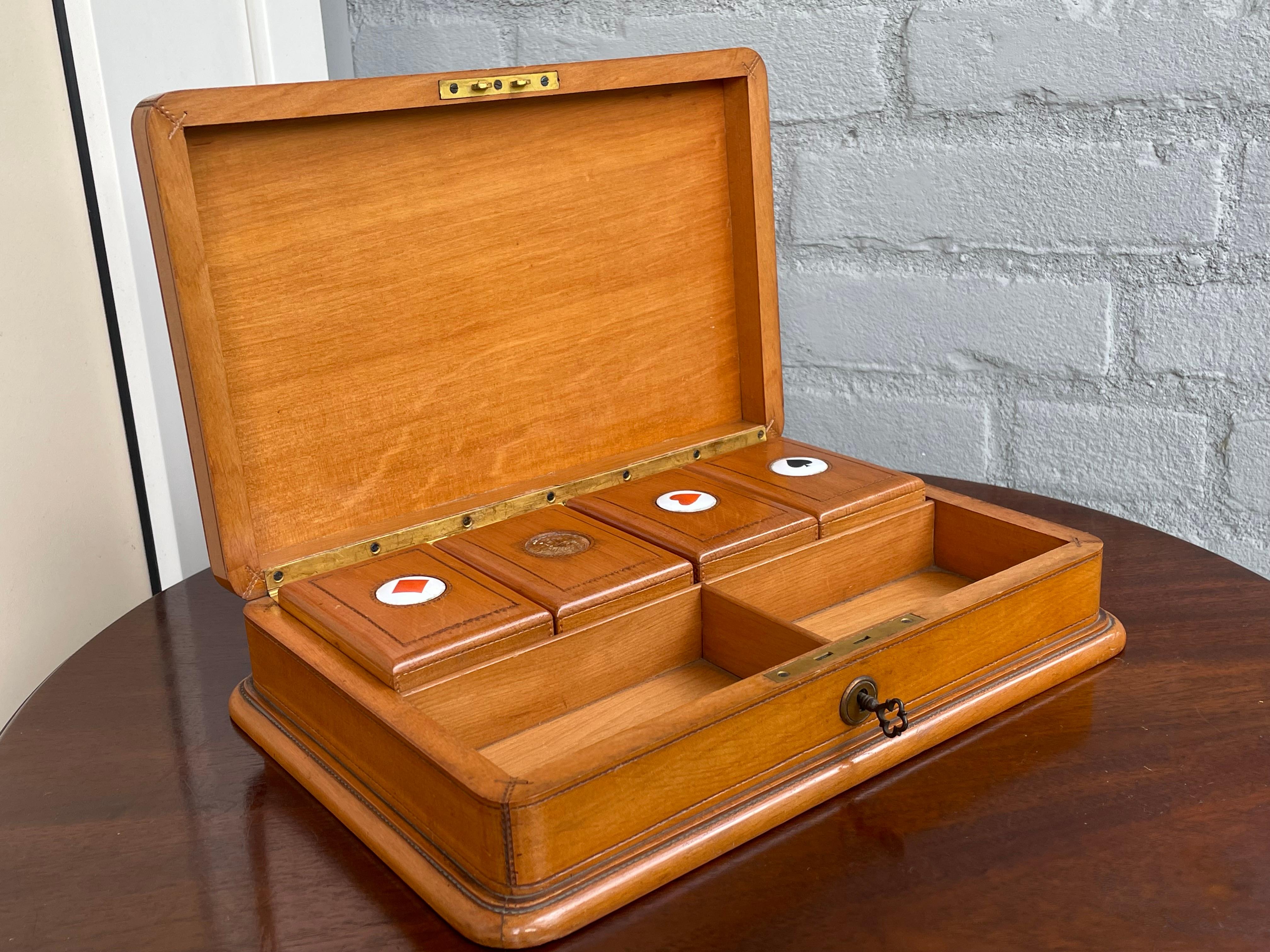 Arts and Crafts Small Collection of Rare Antique & Enamel Inlaid Wooden Boxes for Playing Cards For Sale