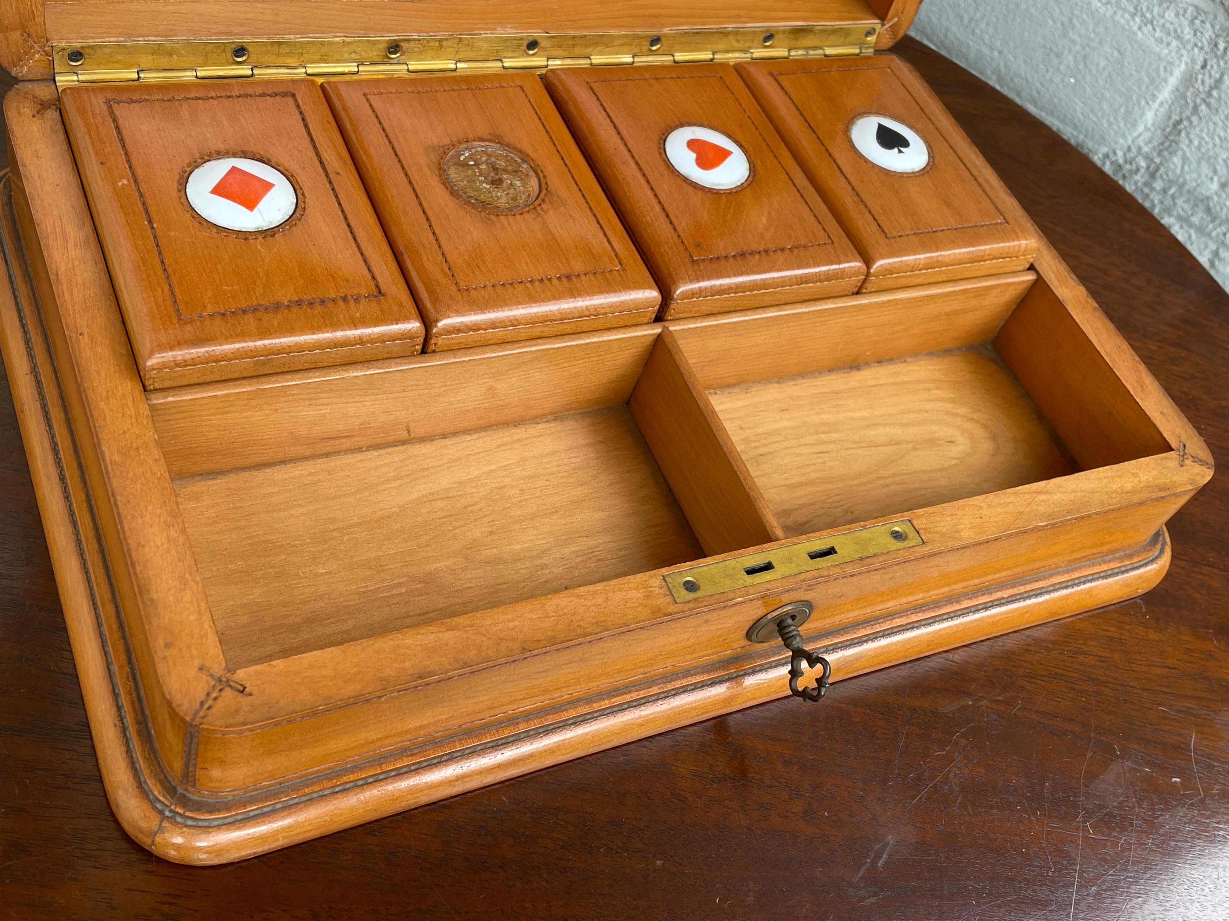 Arts and Crafts Small Collection of Rare Antique & Enamel Inlaid Wooden Boxes for Playing Cards For Sale