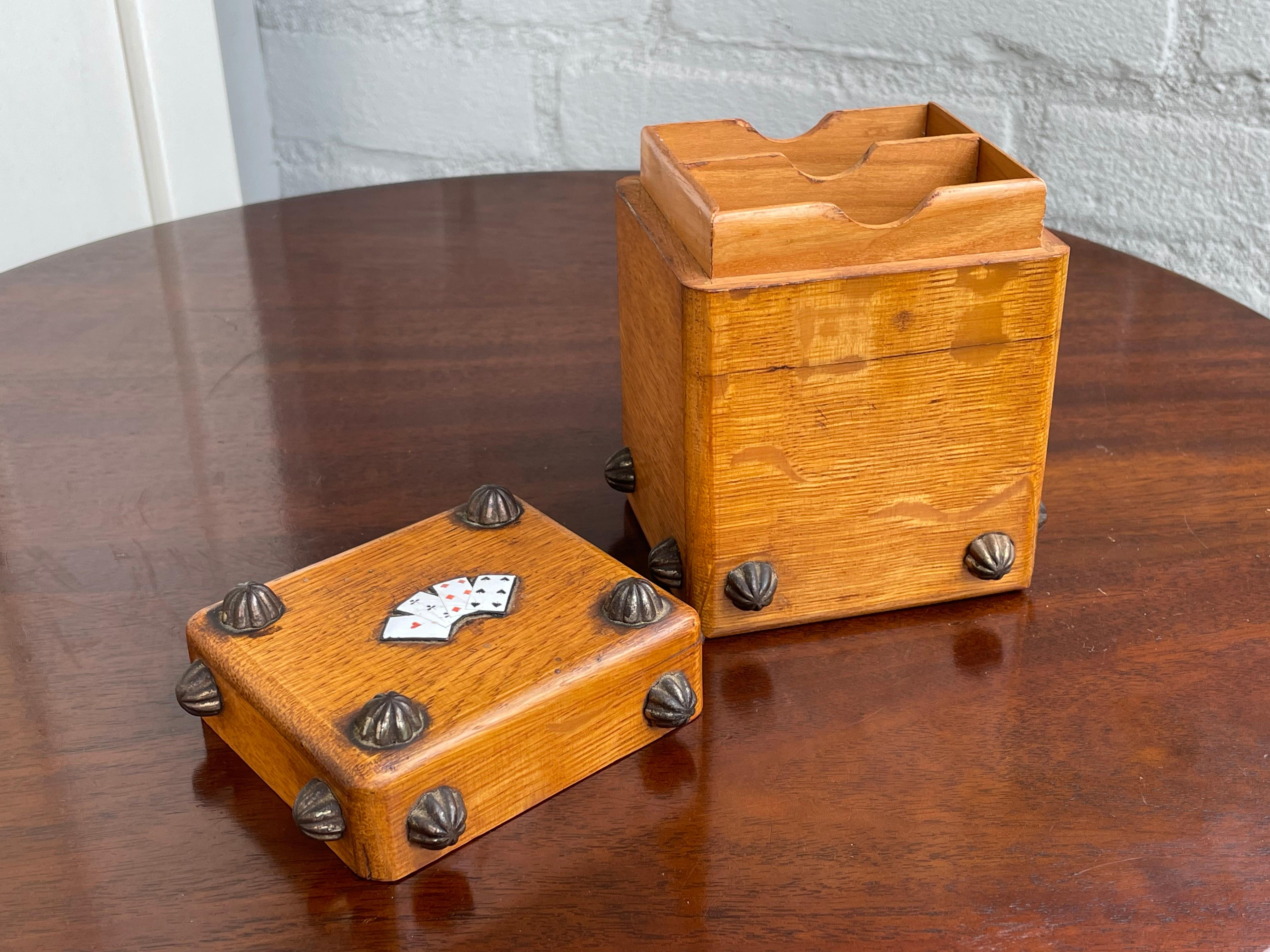 Small Collection of Rare Antique & Enamel Inlaid Wooden Boxes for Playing Cards In Good Condition For Sale In Lisse, NL