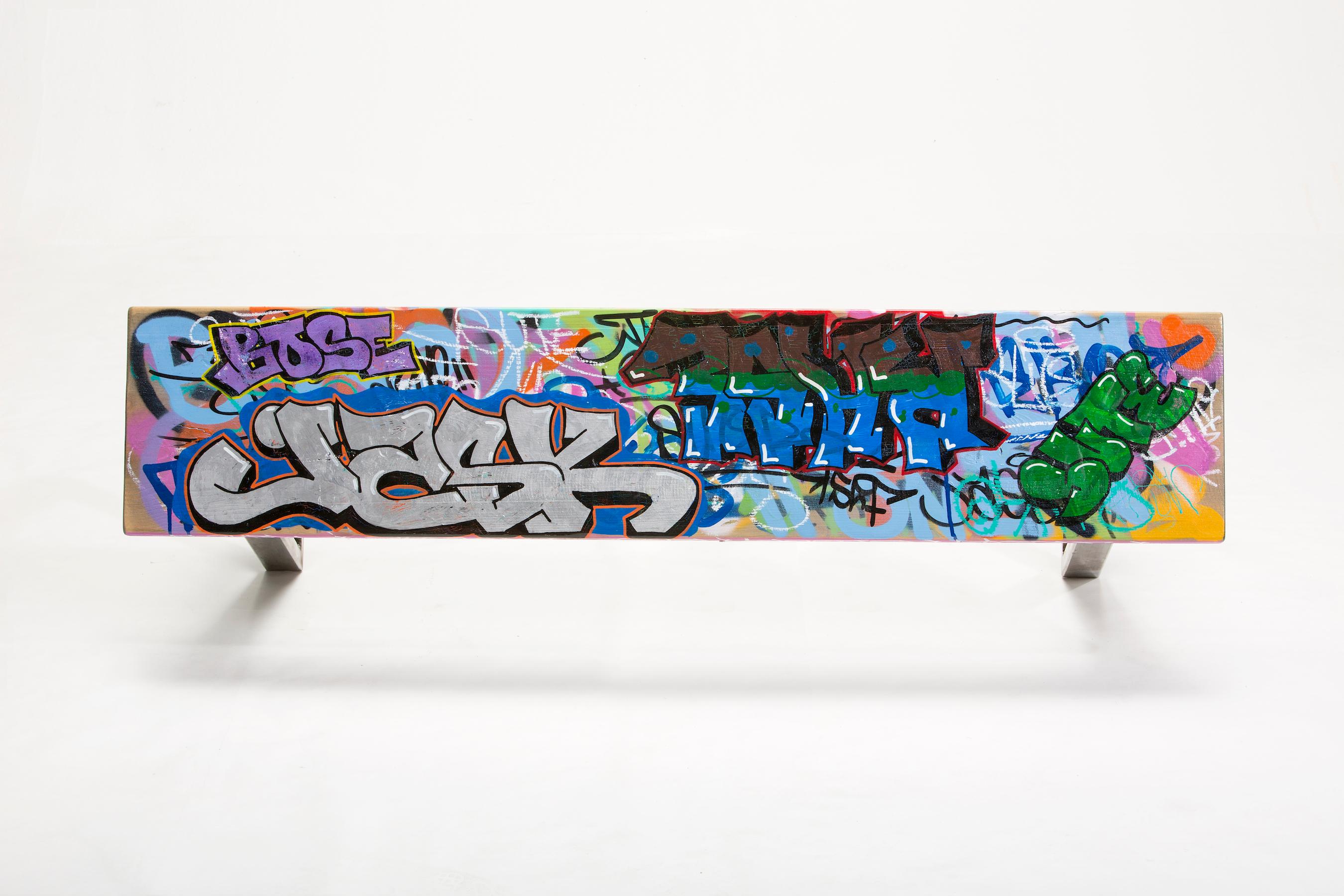 Modern Small Colorful Graffiti Tagged Wood Bench 