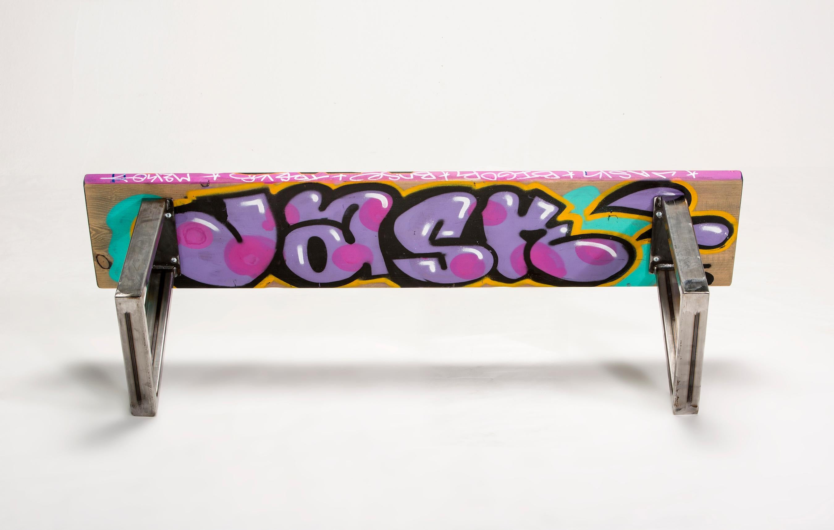 American Small Colorful Graffiti Tagged Wood Bench 