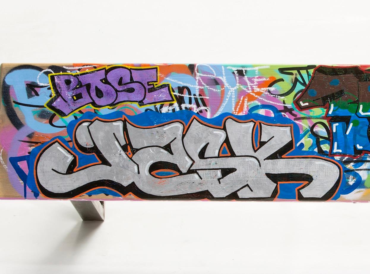 Small Colorful Graffiti Tagged Wood Bench 