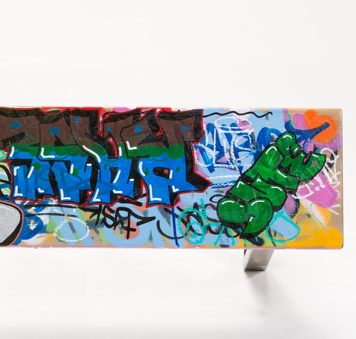 Contemporary Small Colorful Graffiti Tagged Wood Bench 