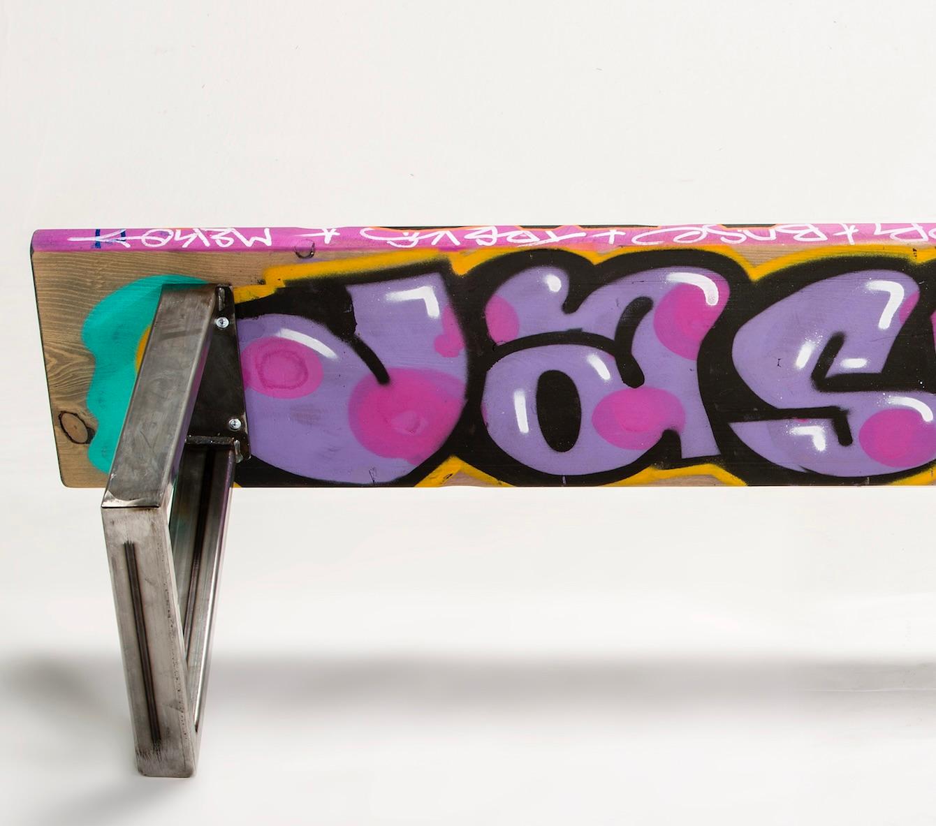 Steel Small Colorful Graffiti Tagged Wood Bench 