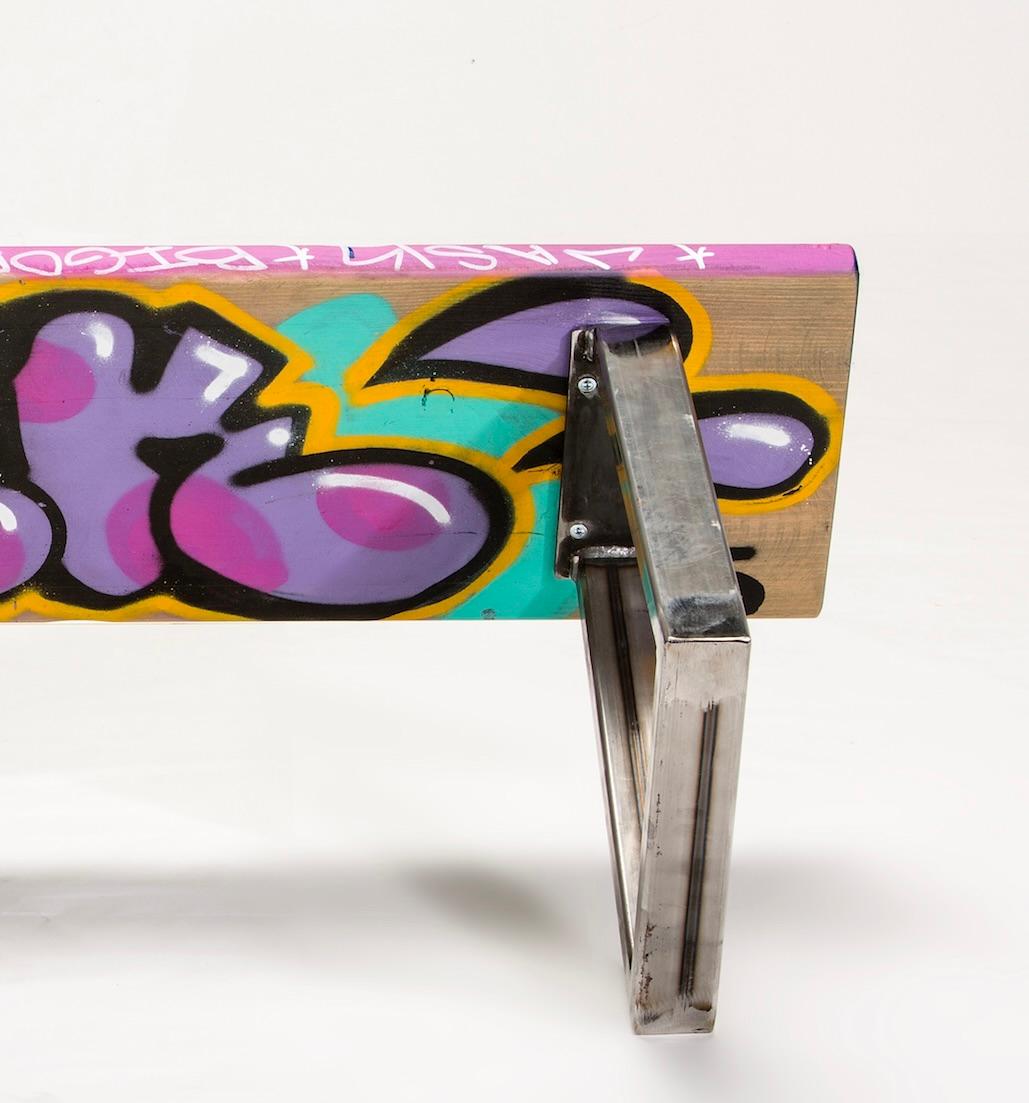 Small Colorful Graffiti Tagged Wood Bench 
