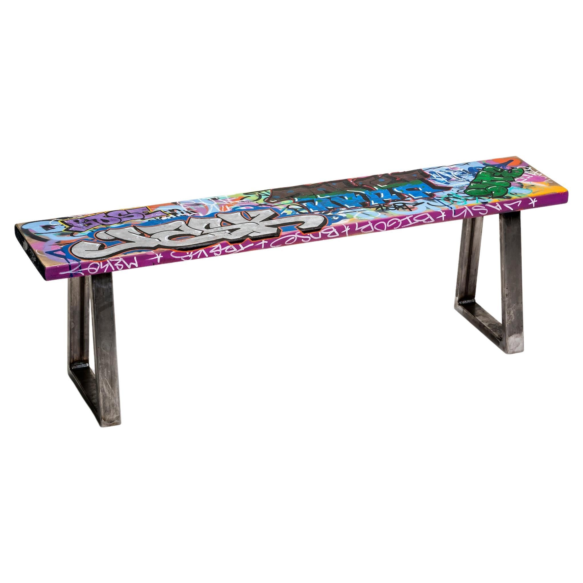 Small Colorful Graffiti Tagged Wood Bench "Rase The Roof" For Sale
