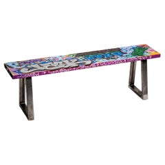 Small Colorful Graffiti Tagged Wood Bench "Rase The Roof"