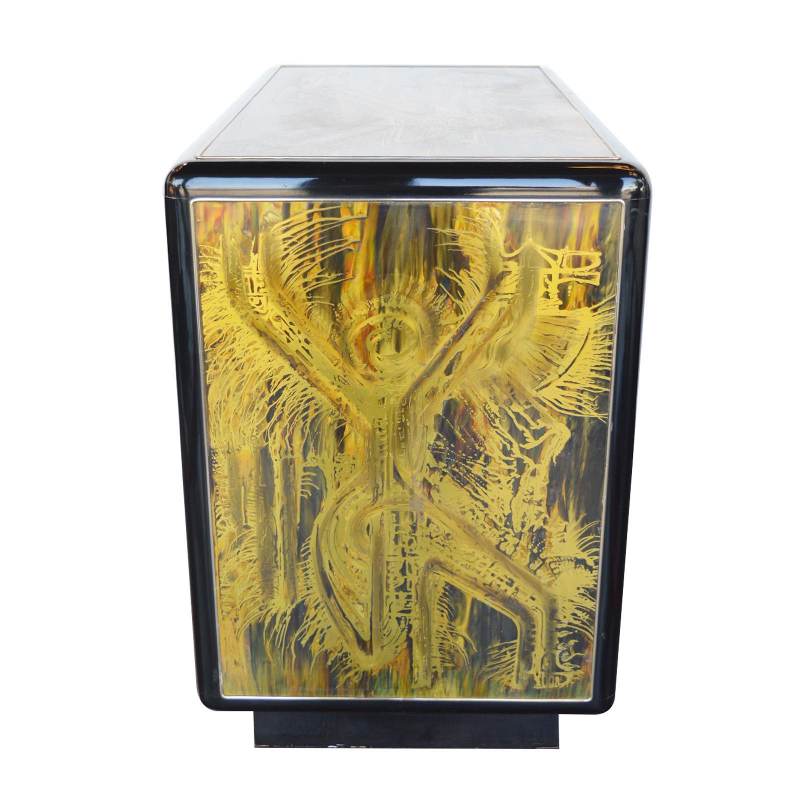 American Small Commode Acid Etched, Brass Chest of Drawers, Bernhard Rohne, Mastercraft