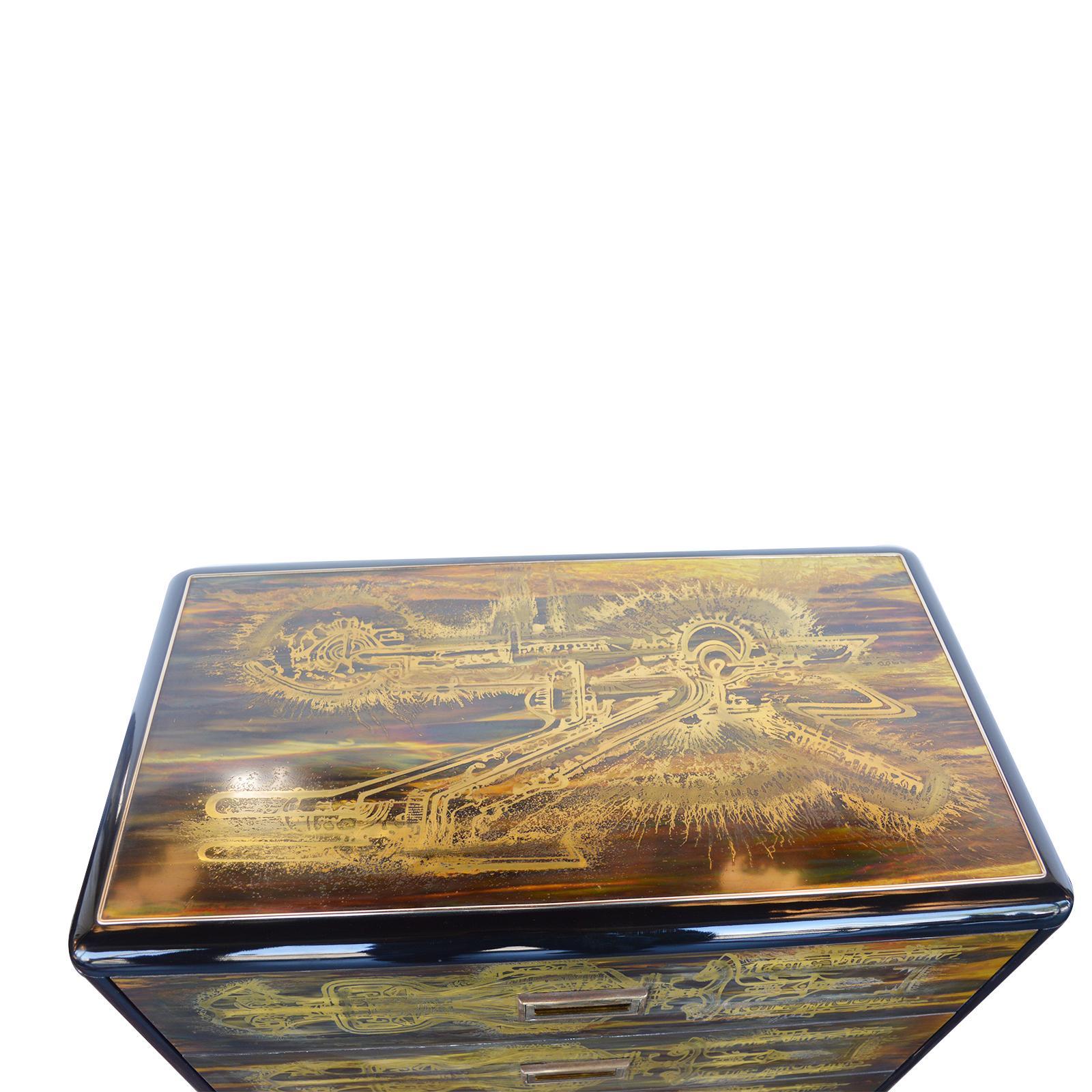 Small Commode Acid Etched, Brass Chest of Drawers, Bernhard Rohne, Mastercraft In Excellent Condition In Los Angeles, CA