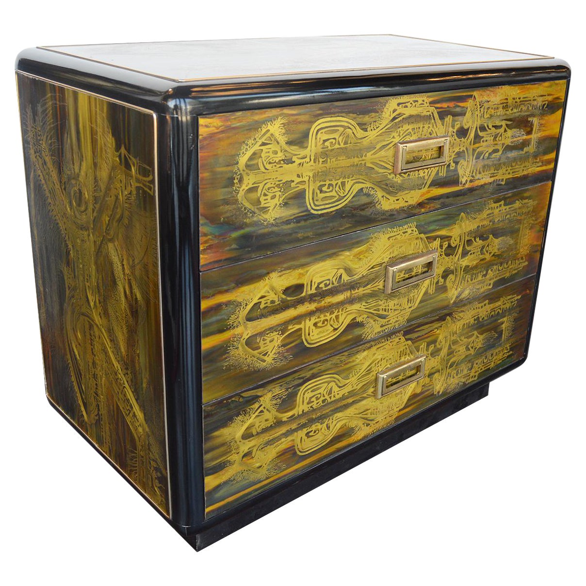 Small Commode Acid Etched, Brass Chest of Drawers, Bernhard Rohne, Mastercraft