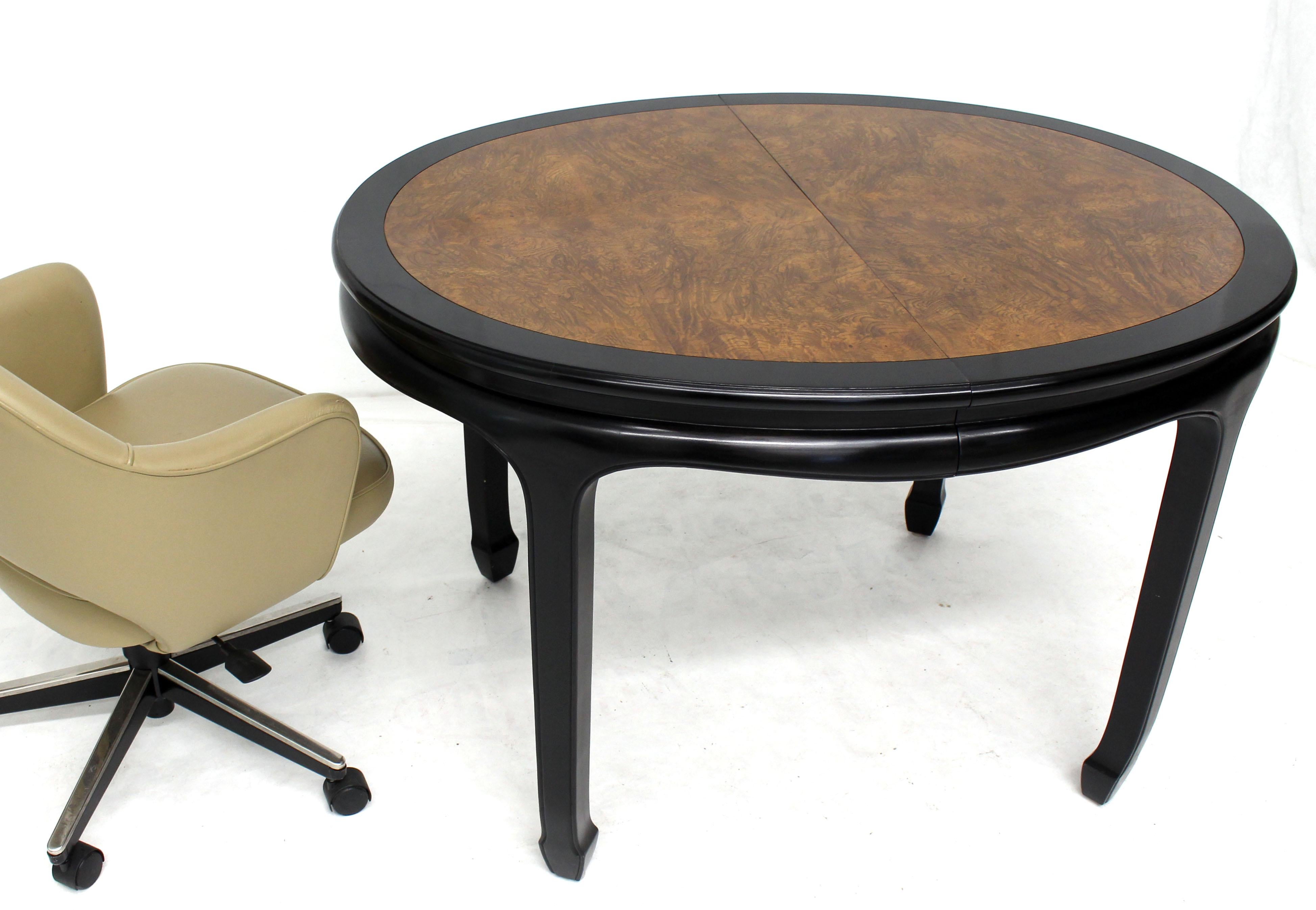 Lacquered Small Compact Round to Oval Burl Wood Dining Dinette Table Two Extension Boards