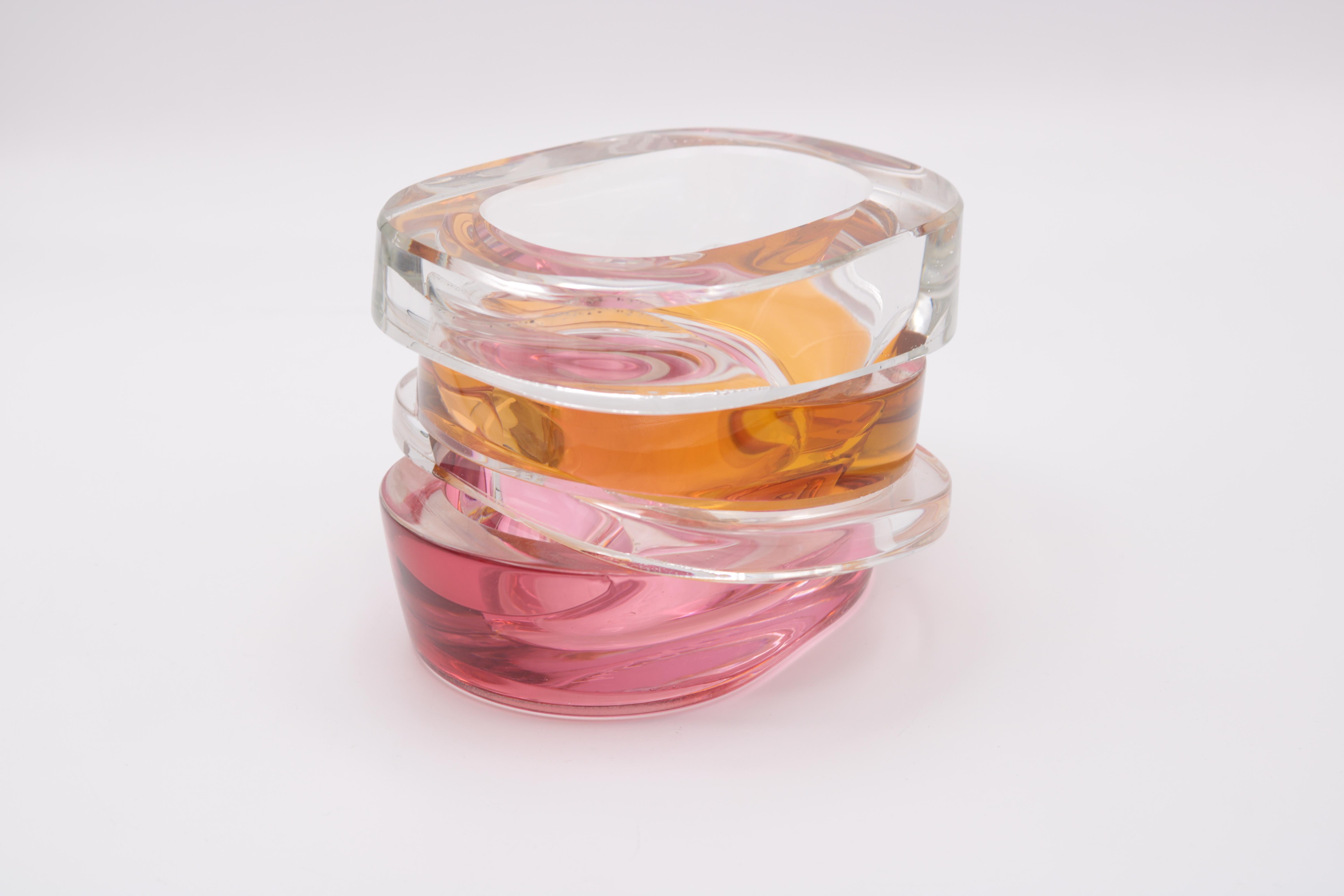 Small decorative art glass vase by German artist Martin Postch. 
Clear glass, pink glass and amber glass. Signed with etched signature underneath.