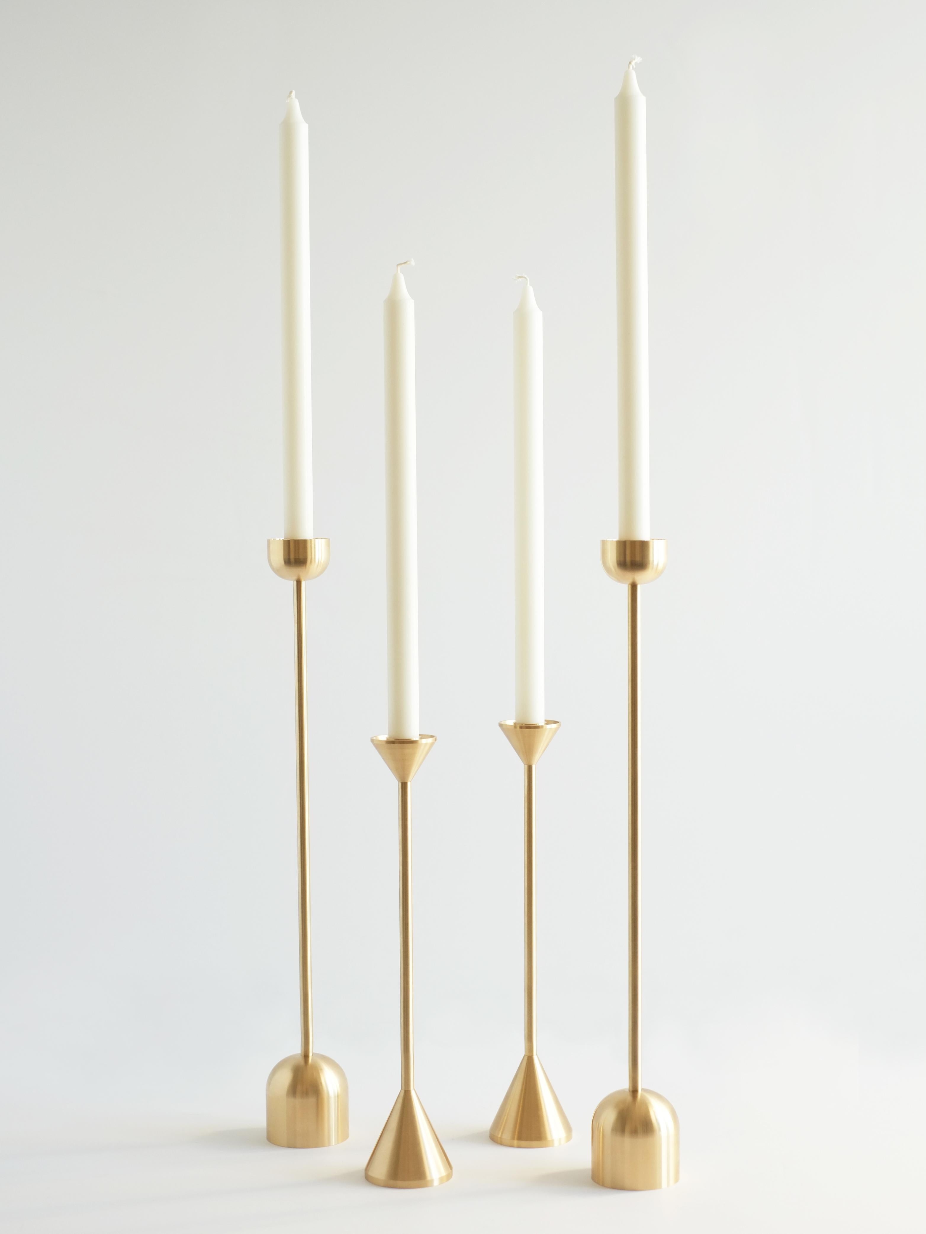 American Small Contemporary Brass Cone Spindle Candle Holders by Fort Standard For Sale