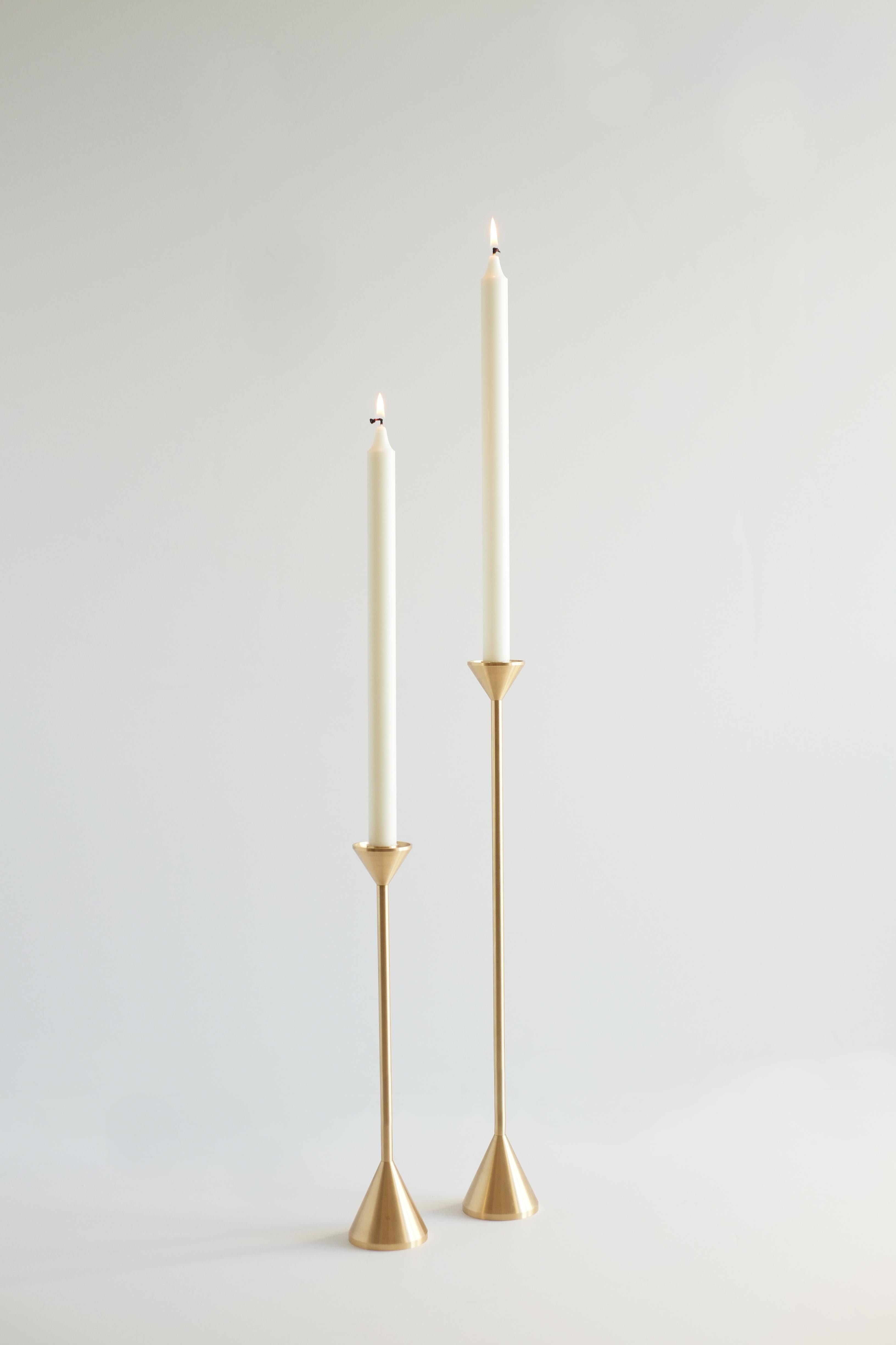 Small Contemporary Brass Cone Spindle Candle Holders by Fort Standard In New Condition For Sale In Brooklyn, NY