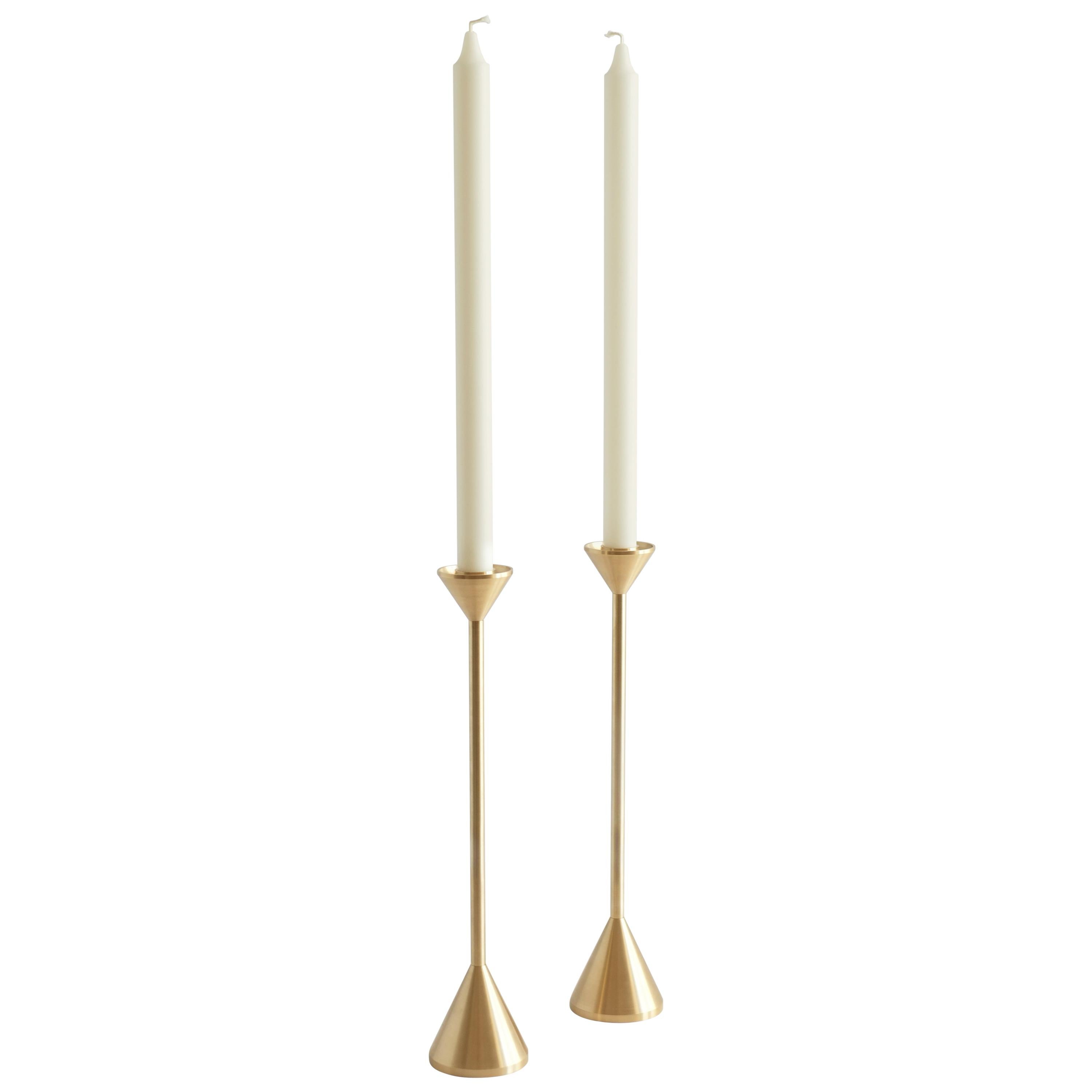 Small Contemporary Brass Cone Spindle Candle Holders by Fort Standard For Sale