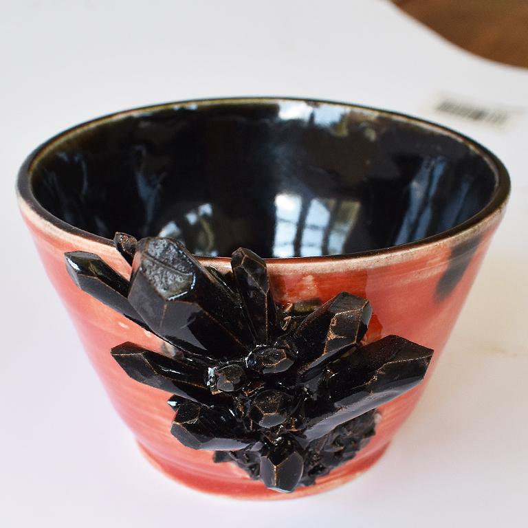 Small Contemporary Decorative Red and Black Geode Detail Ceramic Bowl