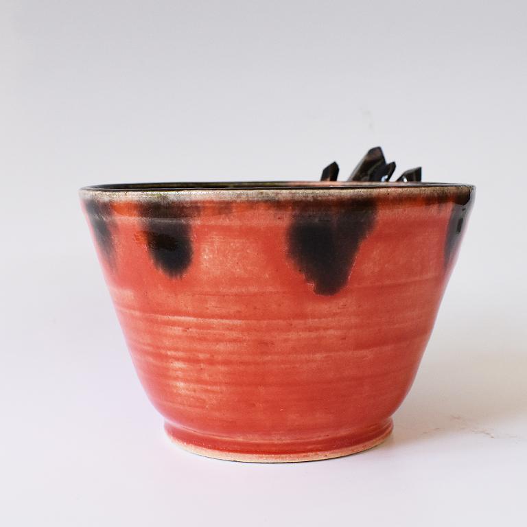 Small Contemporary Decorative Red and Black Geode Detail Ceramic Bowl