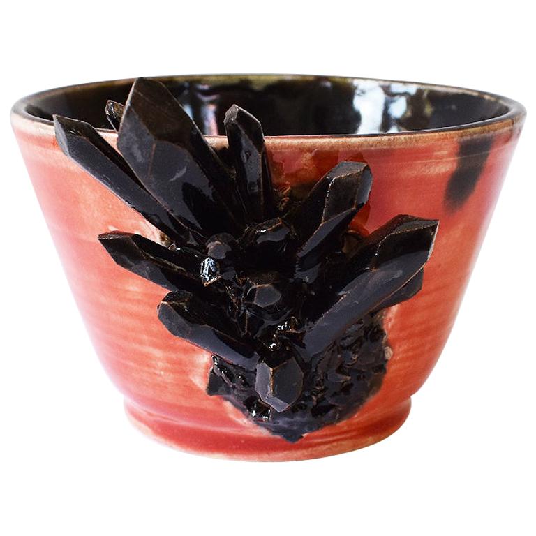 Small Contemporary Decorative Red and Black Geode Detail Ceramic Bowl