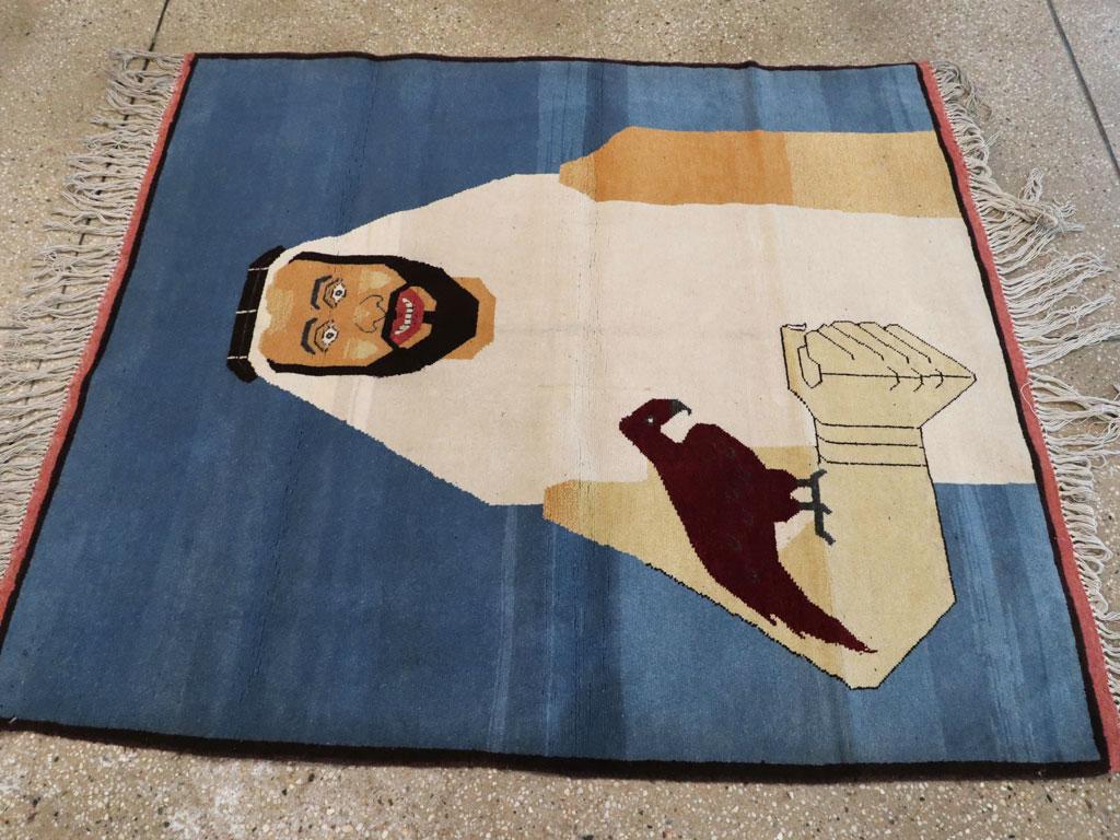 Afghan Small Contemporary Fan-Tailed Raven Bedouin Falconer Pictorial Throw Rug For Sale